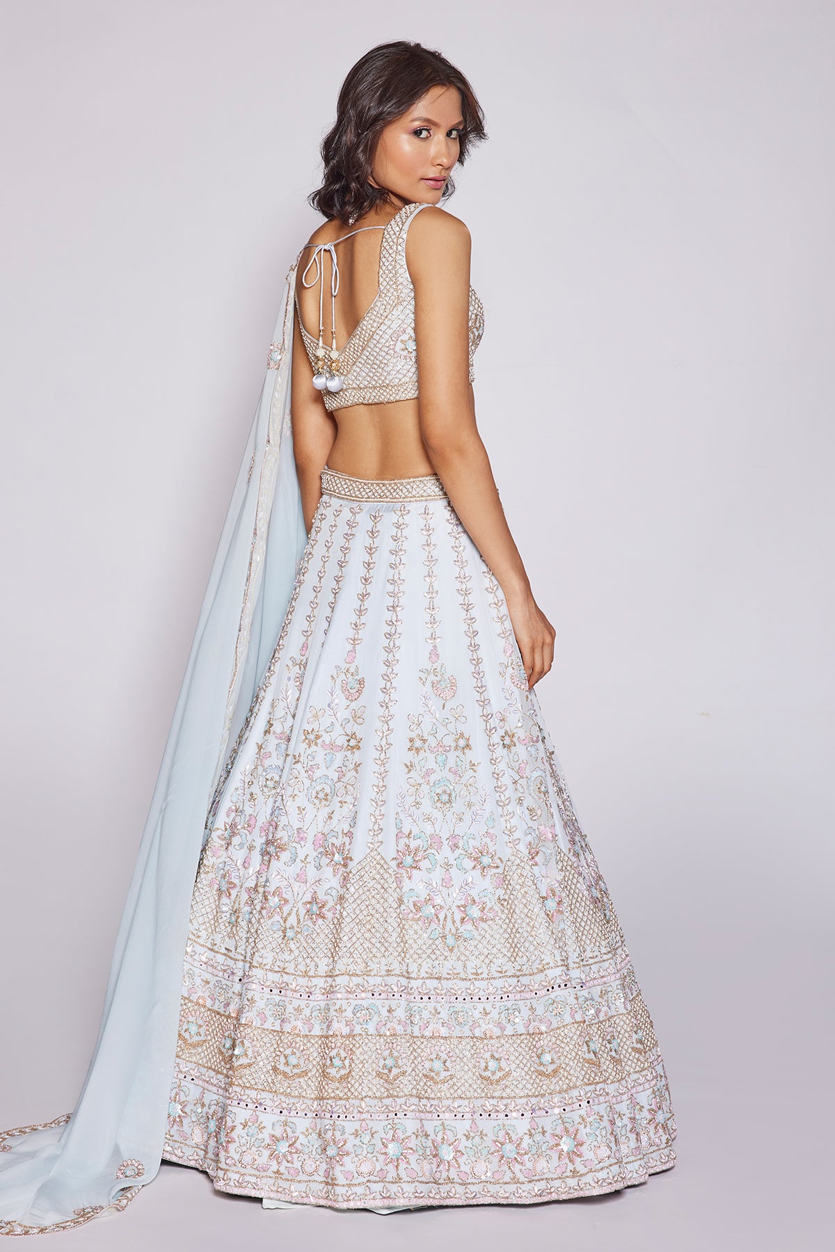 Sky Blue Embroidered Lehenga Set in Organza