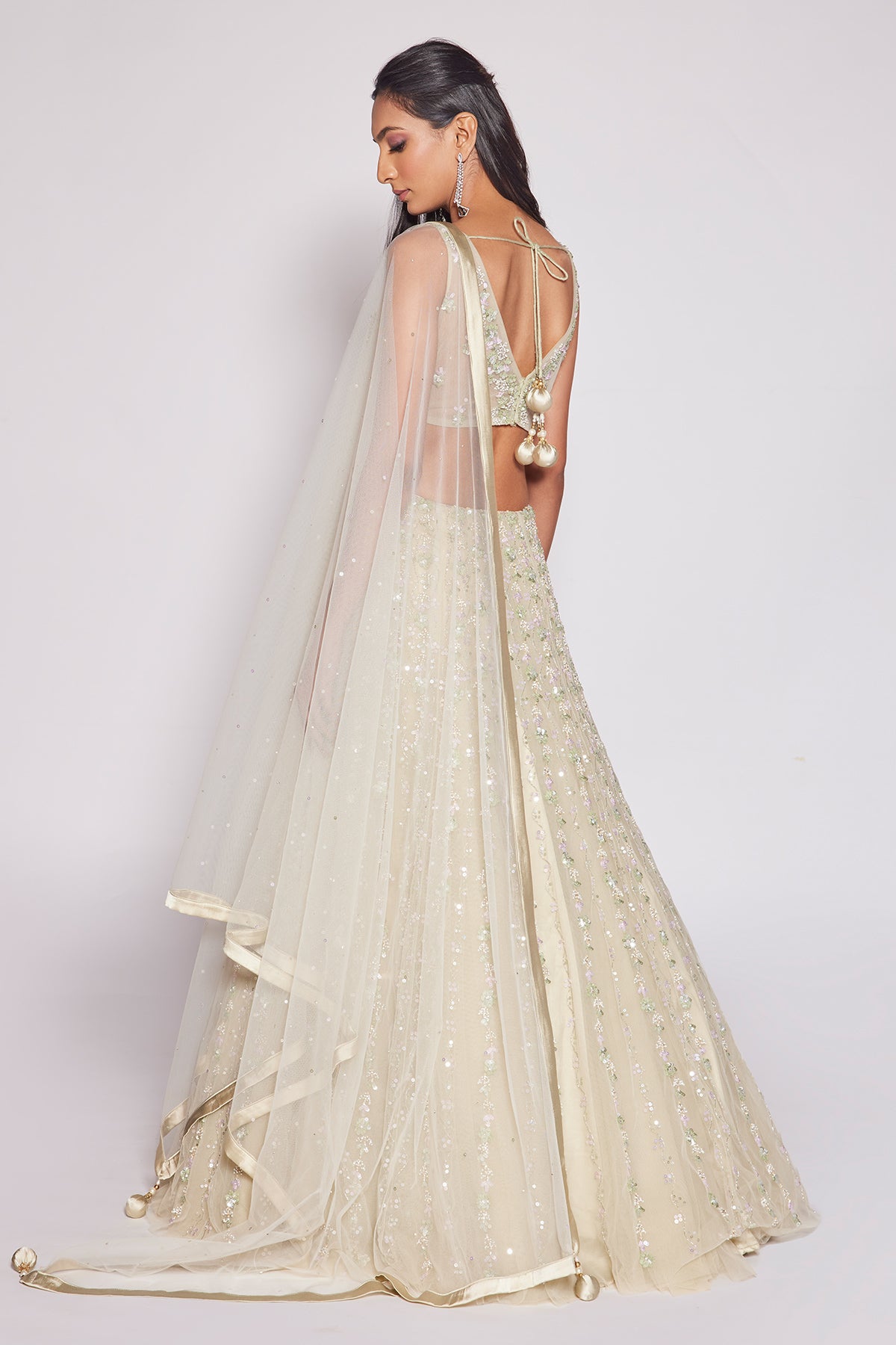 Seafoam Green Embroidered Lehenga Set in Net