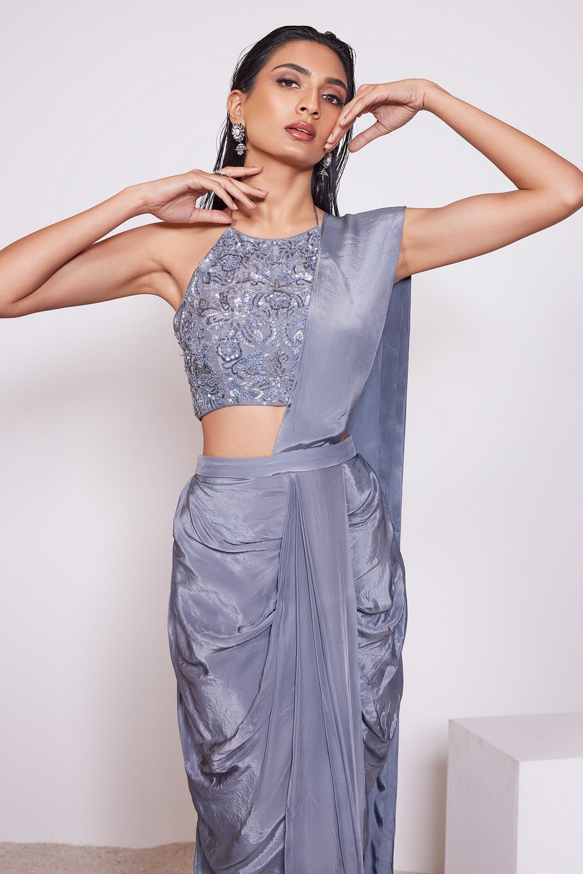 Dark Steel Grey Embroidered Pre- Draped Saree and Halter Neck Top in Crepe