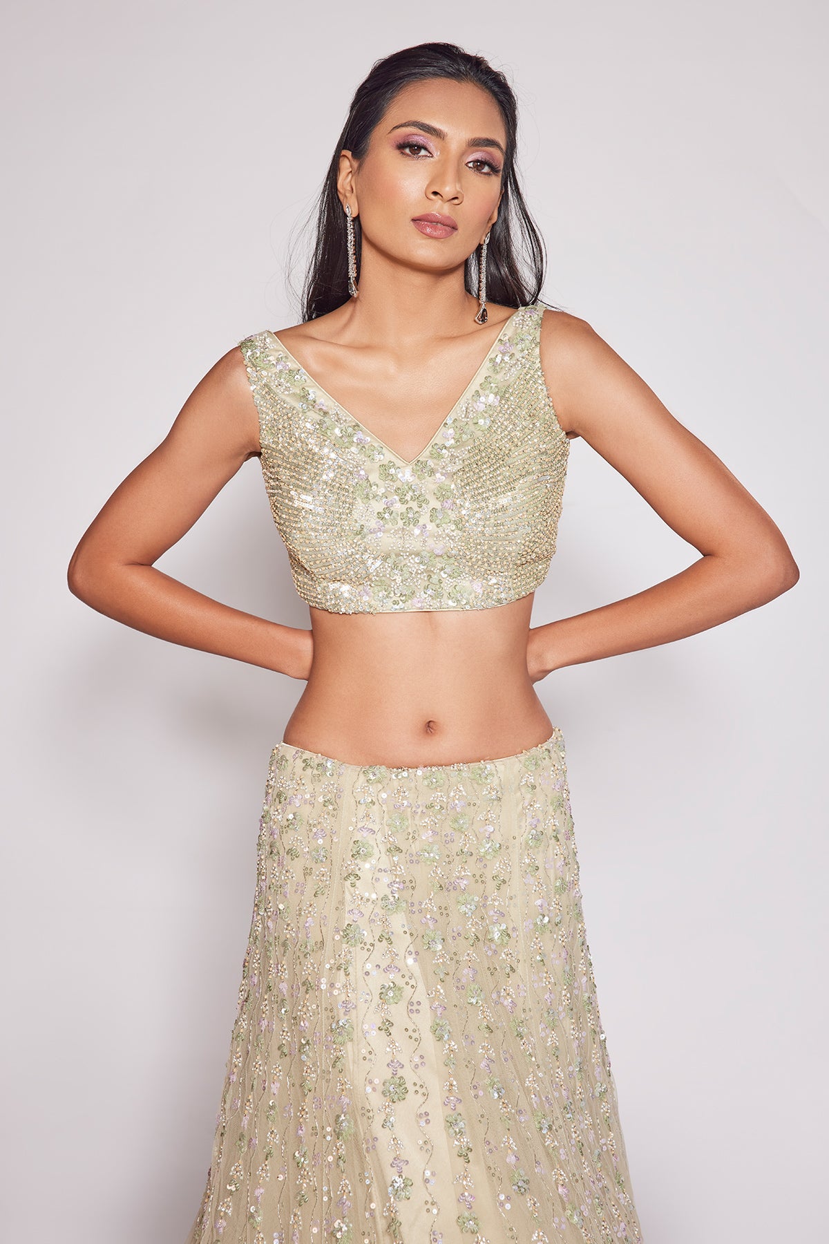 Panihari0 Seafoam Green Embroidered Lehenga Set in Net