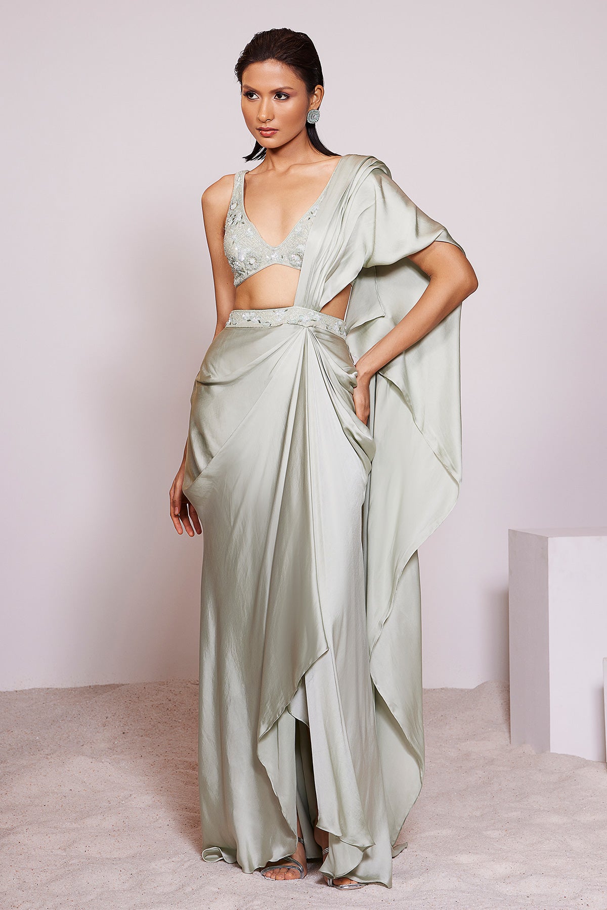 Light Pista Tone Pre-draped Saree Along With a Round V-neck Plunging Embroidered Blouse