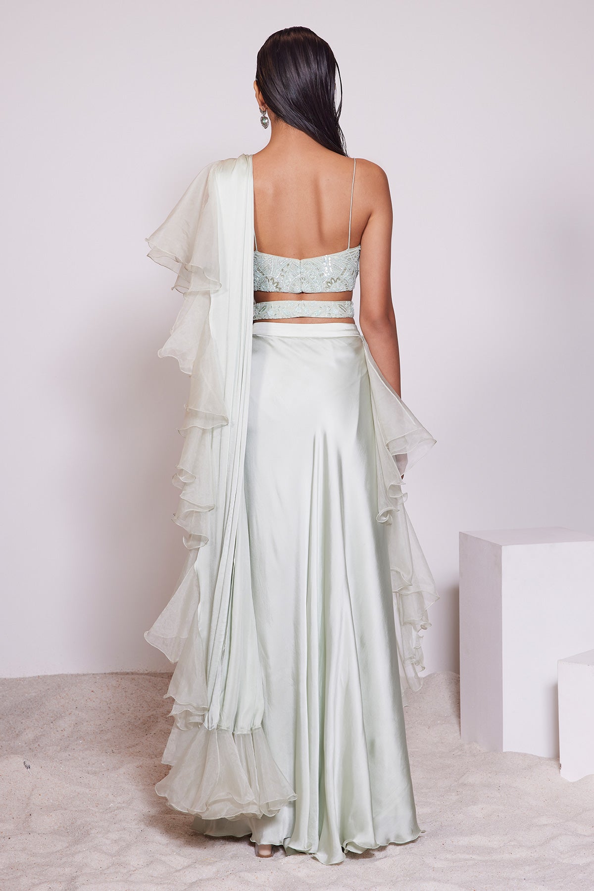 Light Pista Pre-draped Ruffle Saree With Embroidered Blouse and Belt