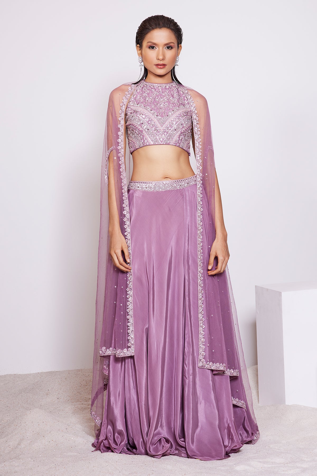 PanihariDark Mauve-Skirt and Hand Embroidered Halter Neck Top Along With a Cape