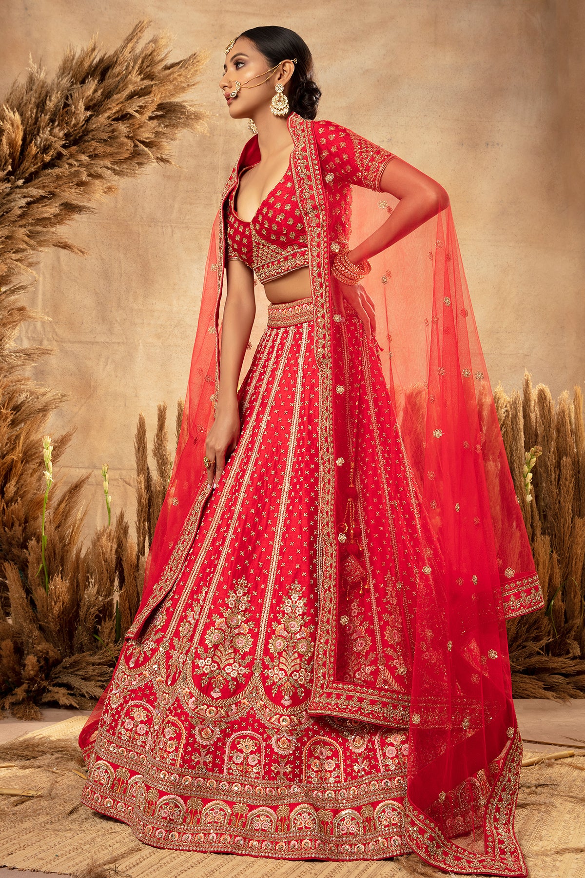 Panihari_---Chilly Red Embroidered Bridal Lehenga Set in Raw Silk