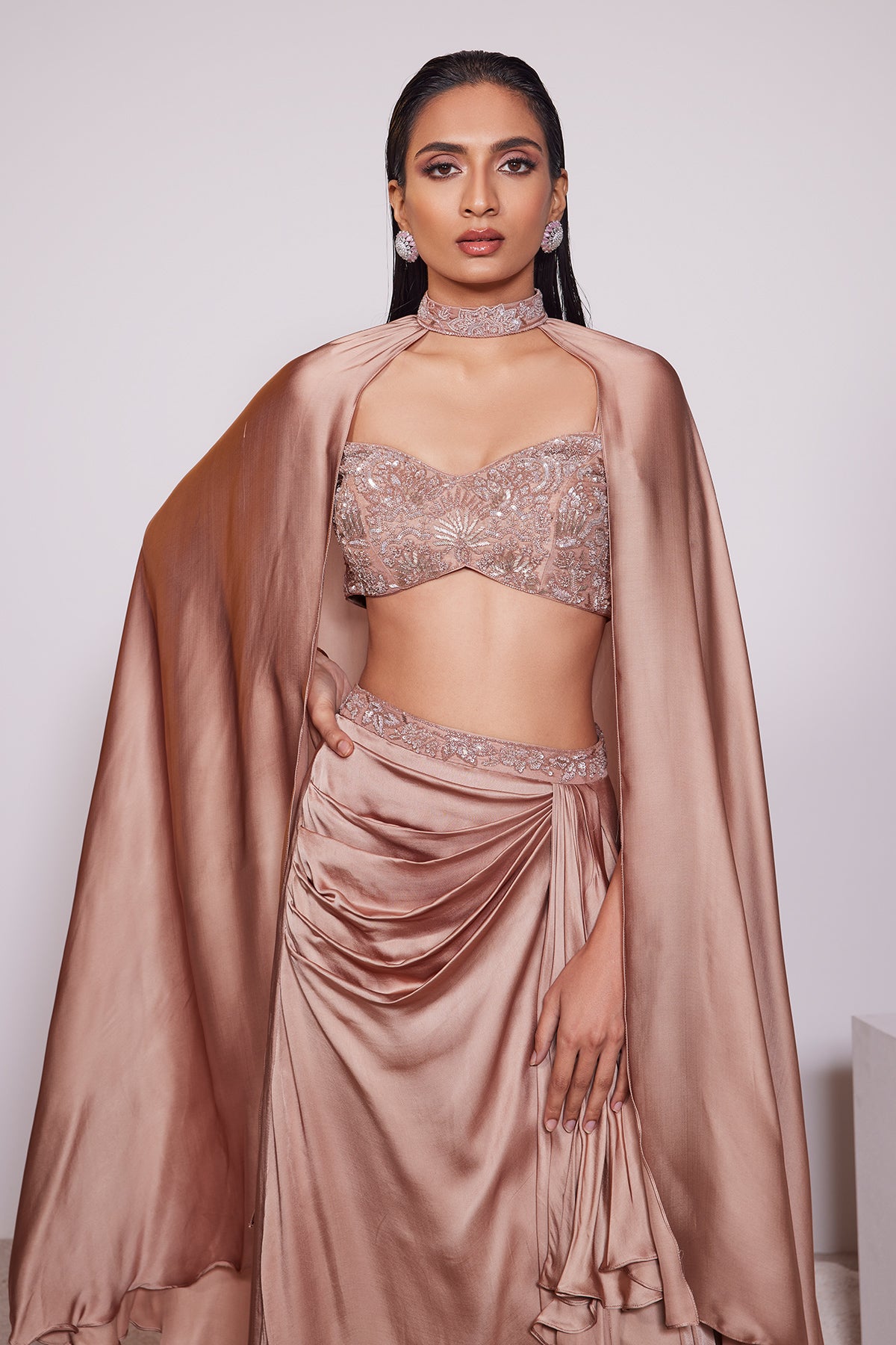 Panihari --Mocha Mousse Brown Draped Skirt in Hand Embroidered Blouse and Choker Dupatta