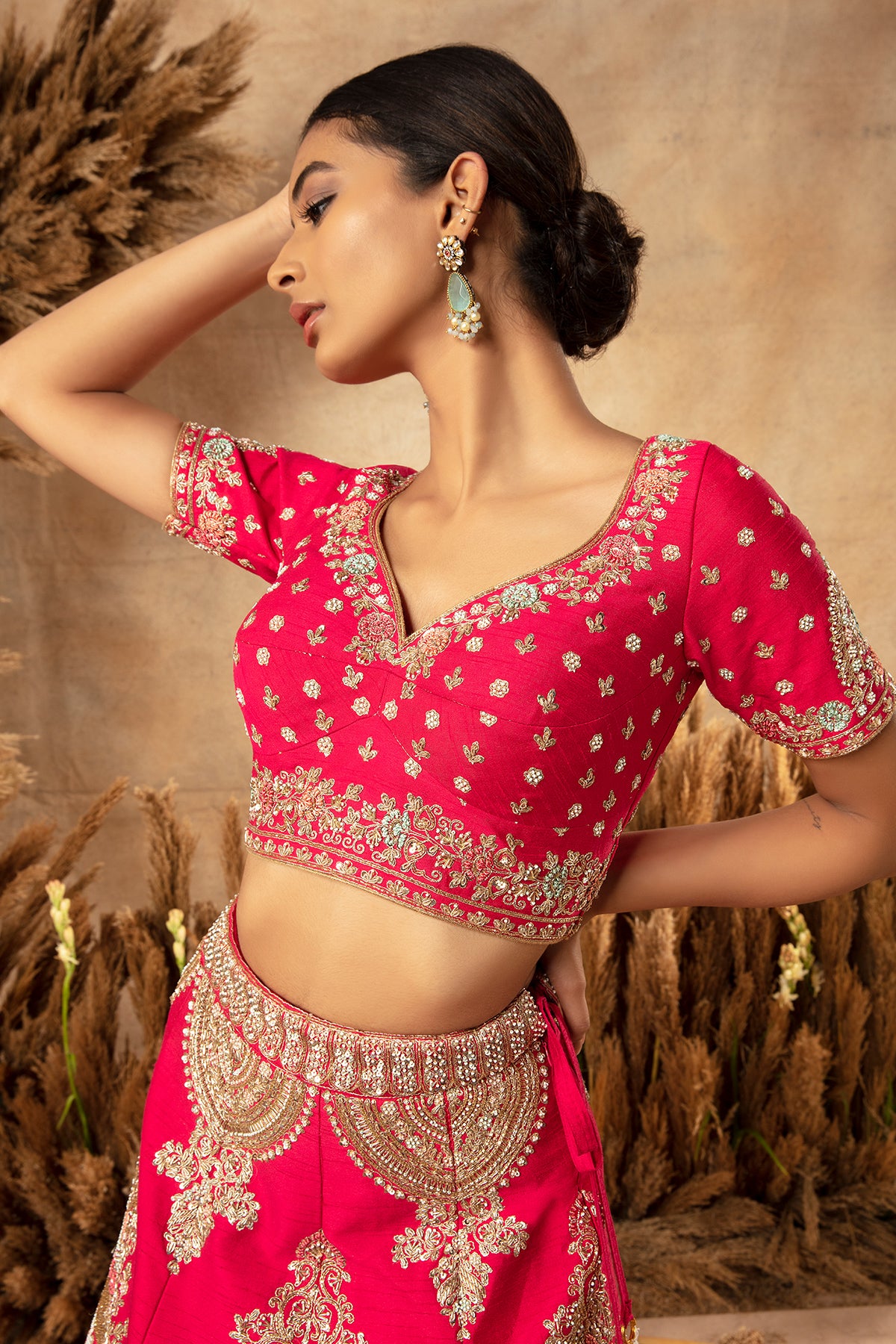 Panihari --Red Hand Embroidered Bridal Lehenga in Raw Silk