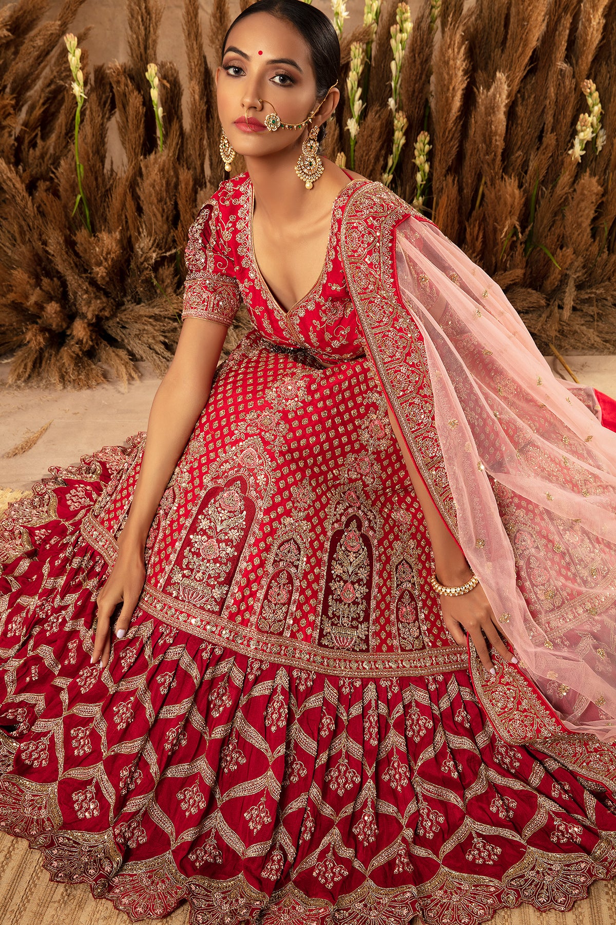 Panihari -- Cherry Red and Maroon Embroidered Rajwadi Bridal Lehenga Set in Raw Silk