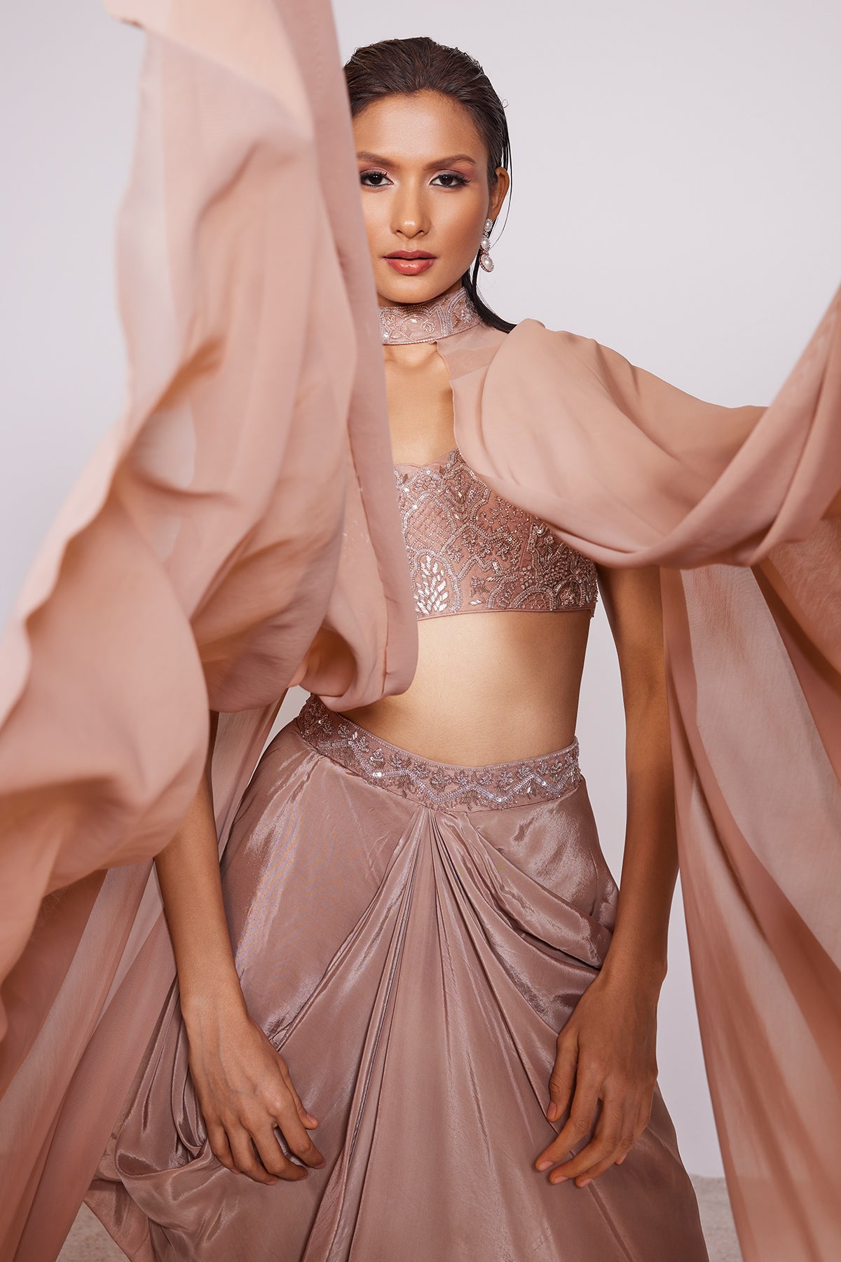 Panihari -- Sandstone Brown Draped Skirt With Embroidered Blouse and Choker Dupatta