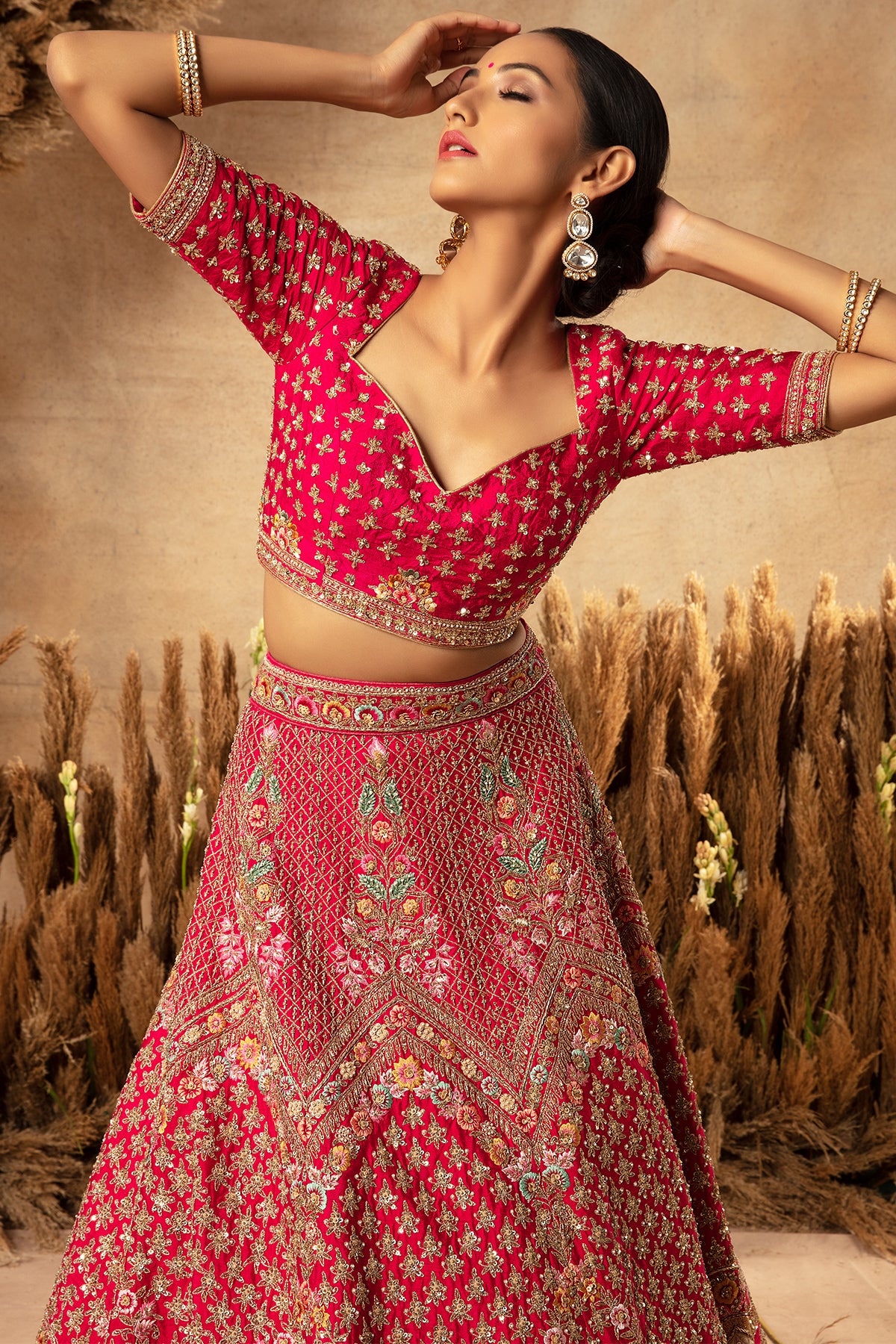 Panihari -Pink Bridal Lehenga in Raw Silk With Hand Embroidery and Heavy Morror Work Border