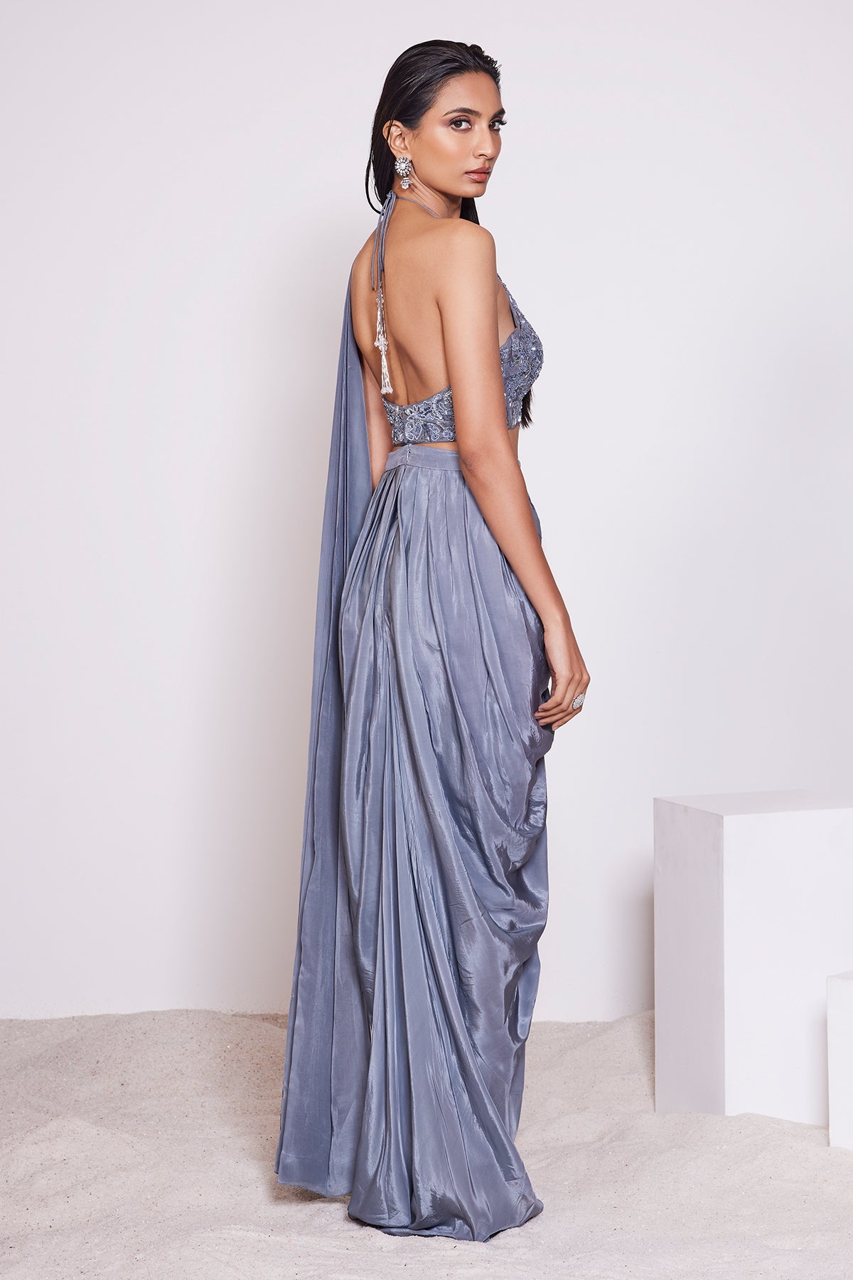 Panihari - Dark Steel Grey Embroidered Pre- Draped Saree and Halter Neck Top in-Crepe