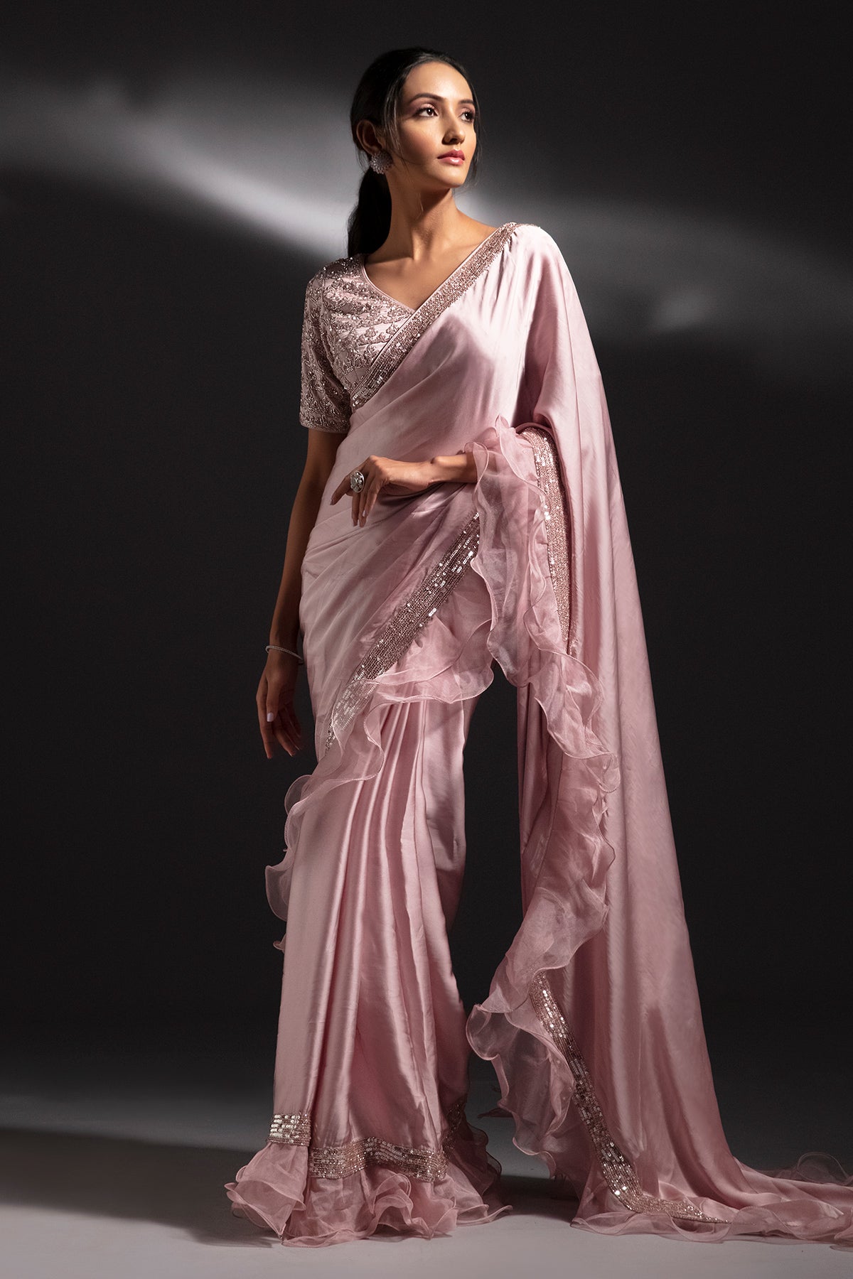 Panihari Primrose Pink Saree With Hand Work and Ruffle Organza Border