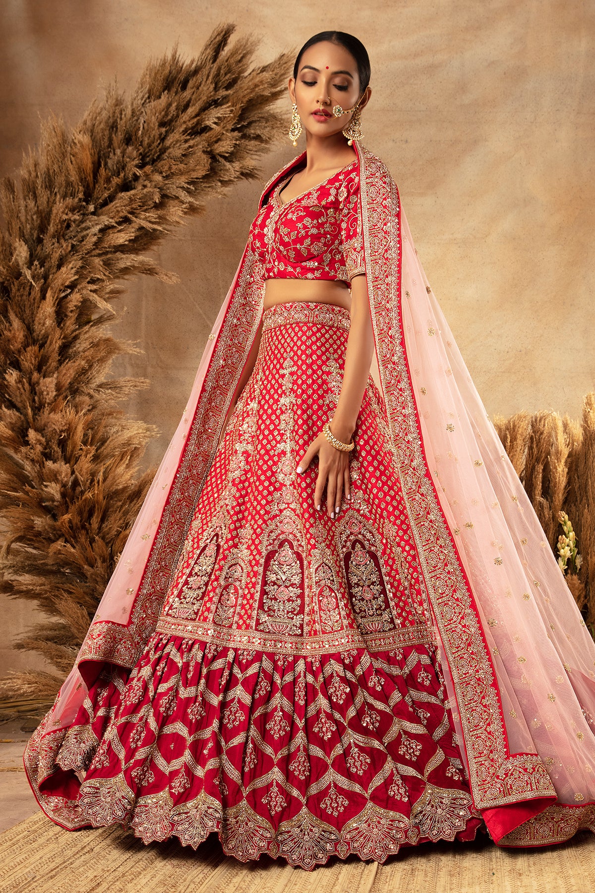 Cherry Red and Maroon Embroidered Rajwadi Bridal Lehenga Set in Raw Silk