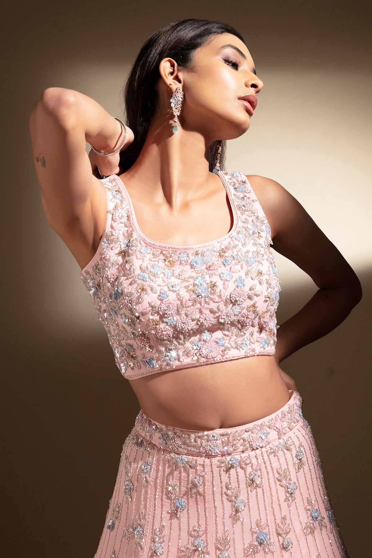 Panihari Baby Pink Hand Embroidered-Lehenga Set