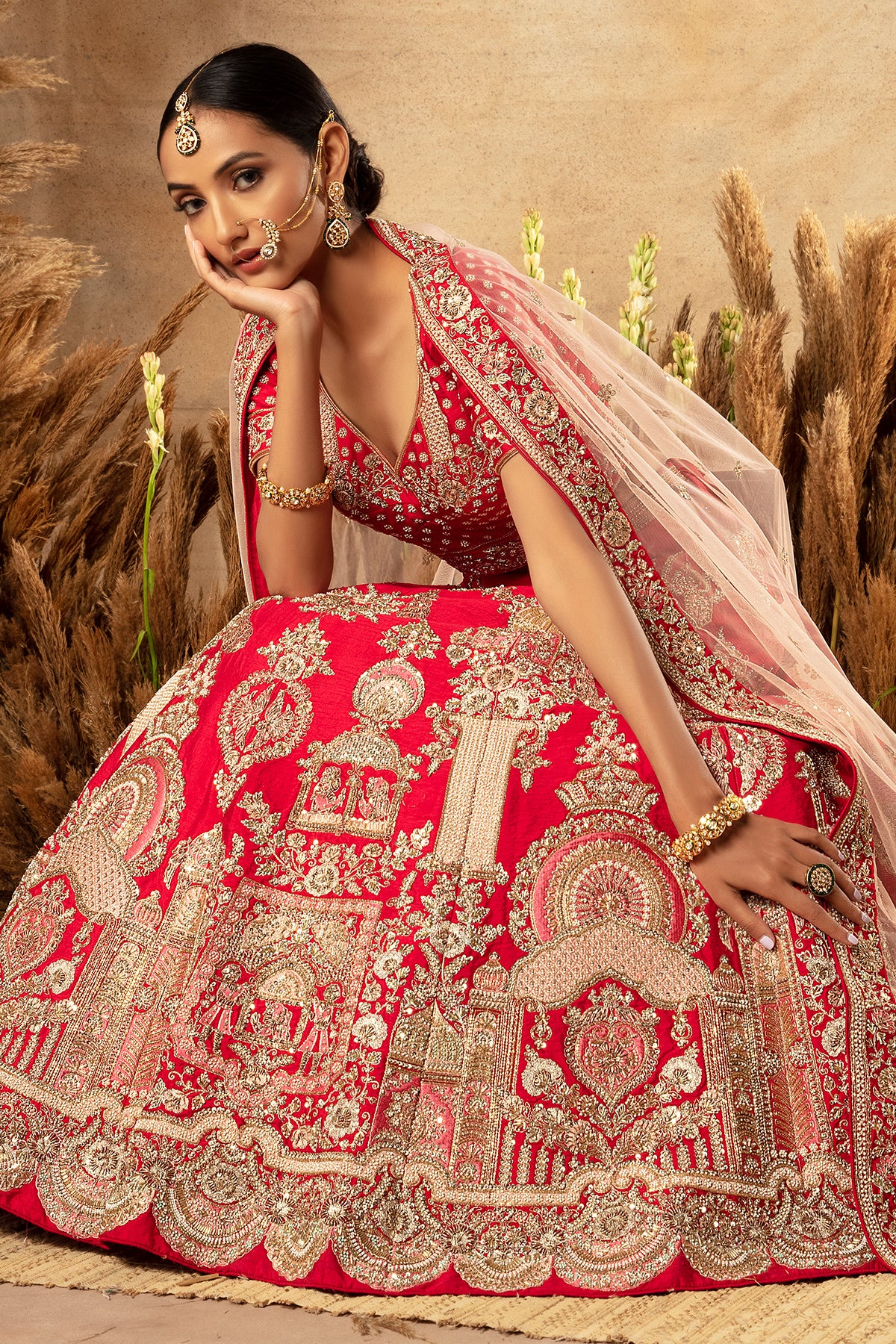 Panihari Blood Red Hand Embroidered Bridal Lehenga Set in Raw Silk
