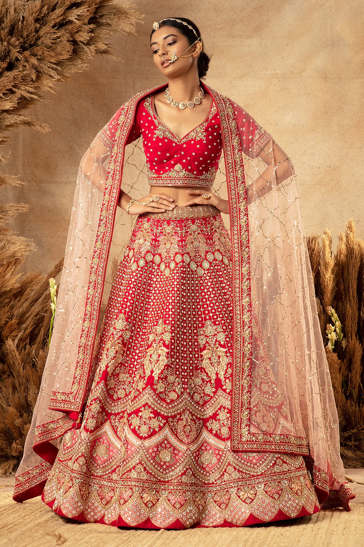 Panihari Blood Red Bridal Lehenga in Raw Silk With Hand Embroidery