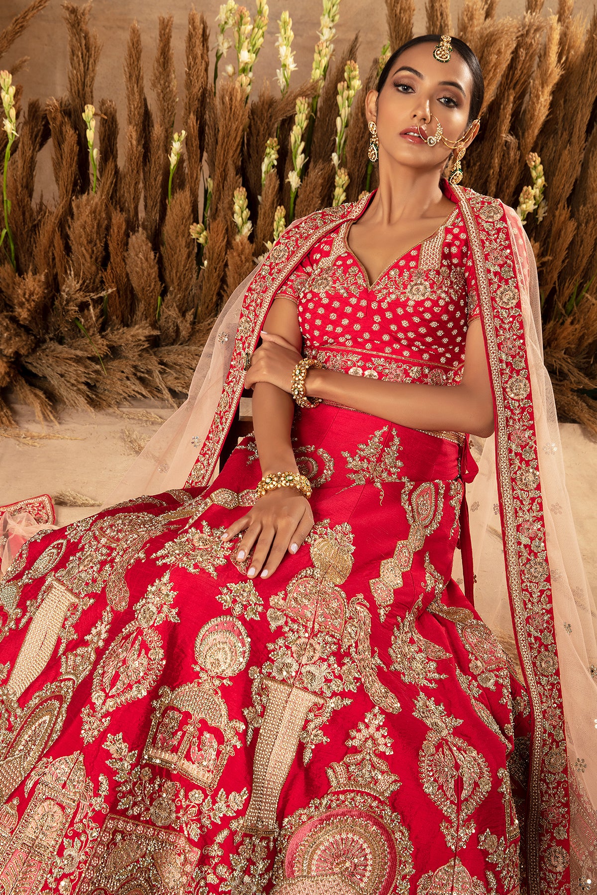 Panihari Blood Red Hand Embroidered Bridal Lehenga Set in Raw-Silk