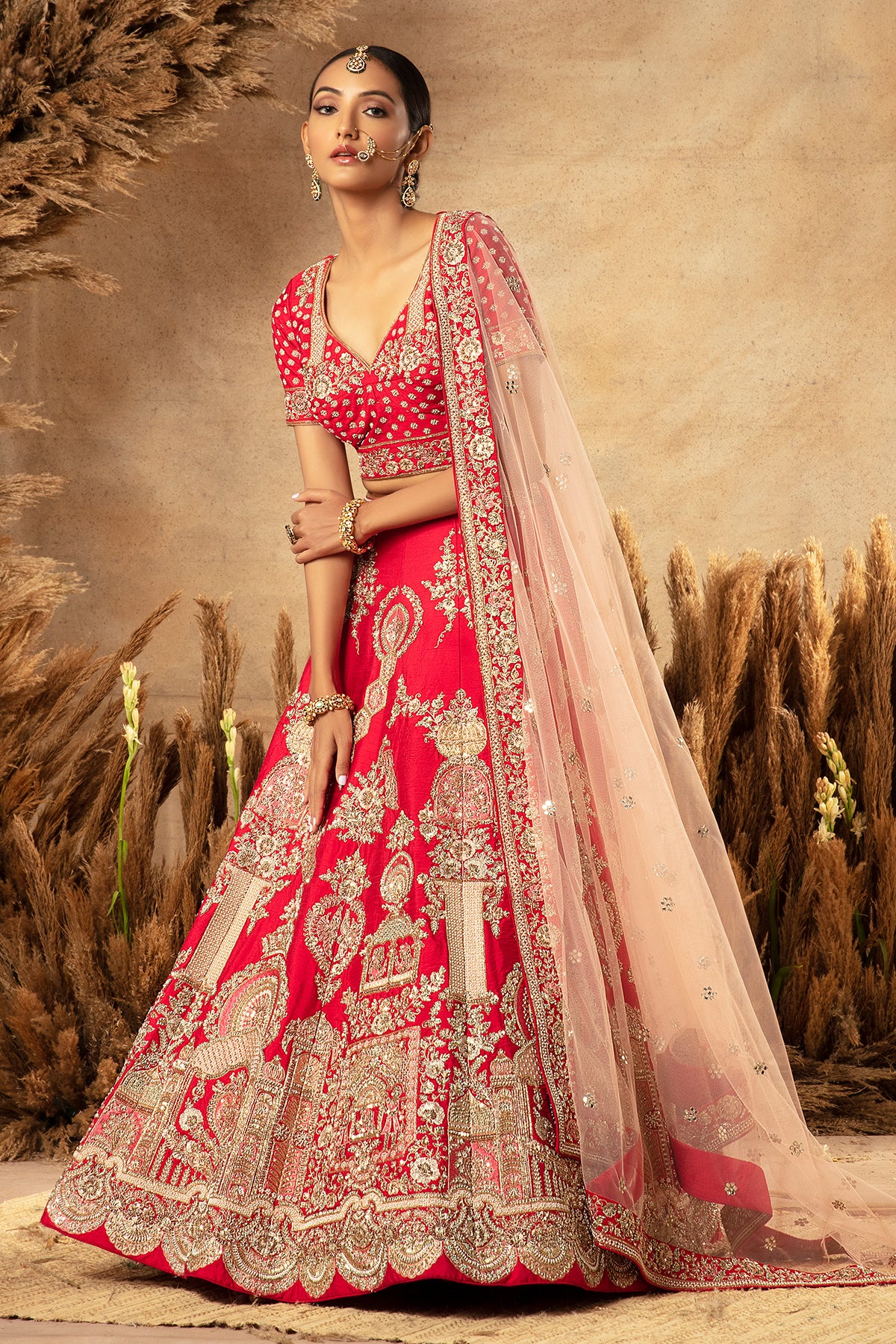 Panihari Blood Red Hand Embroidered Bridal Lehenga Set in Raw Silk