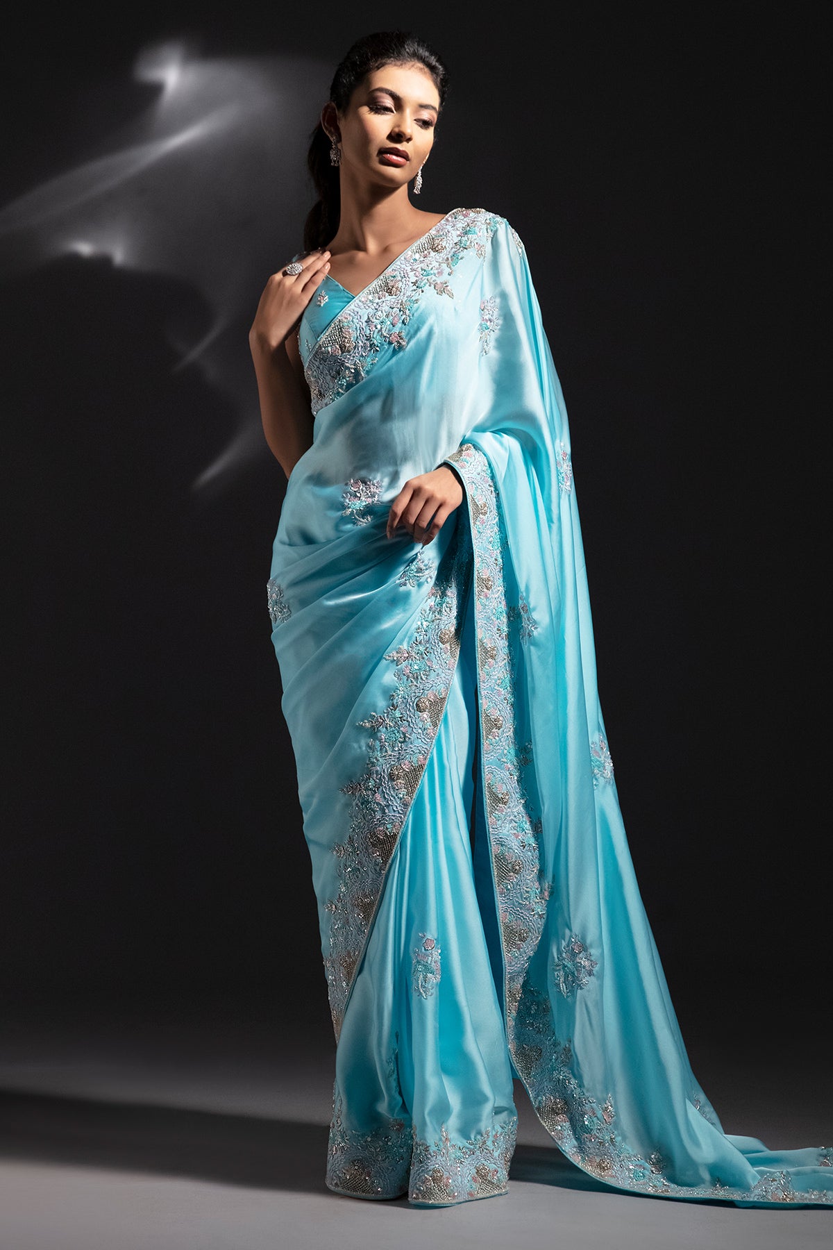 Panihari Bright Aqua Blue Blue Saree With Hand Work