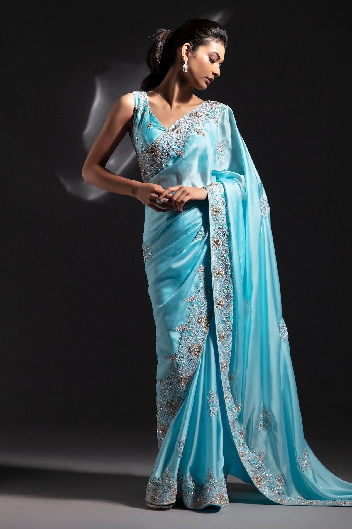 Panihari_Bright Aqua Blue Blue Saree With Hand Work