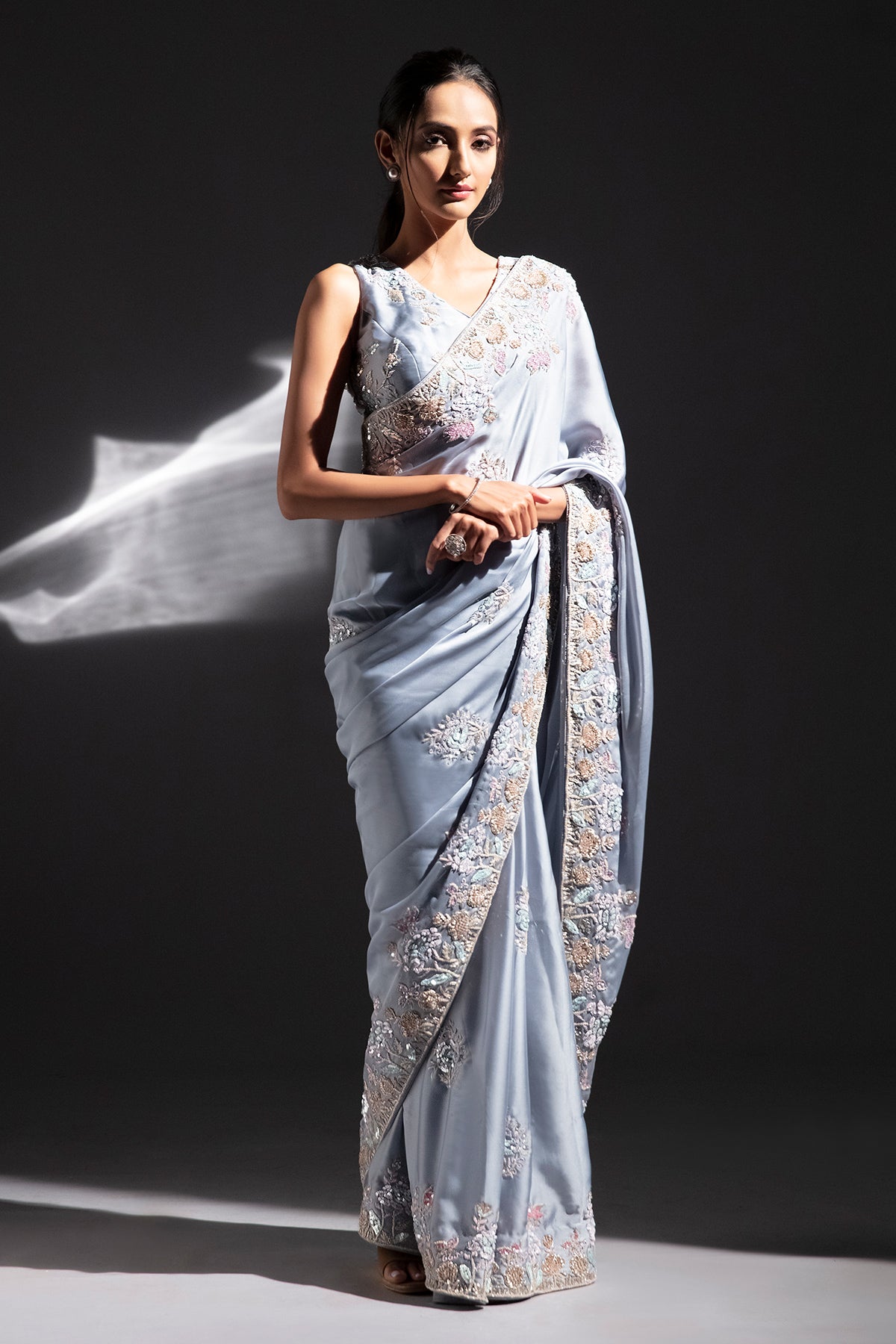 Panihari Celestial-Blue Embroidered Saree Set