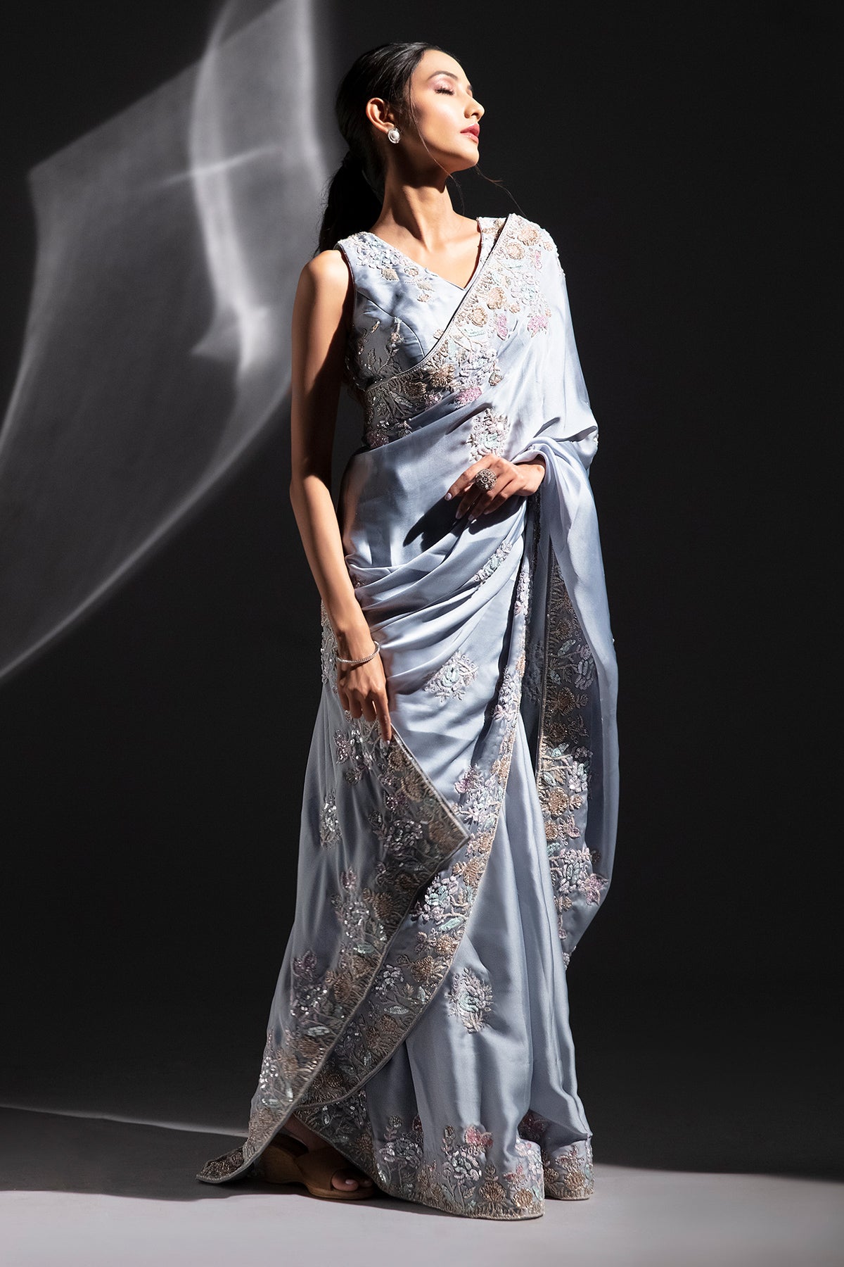 Panihari Celestial Blue Embroidered Saree Set