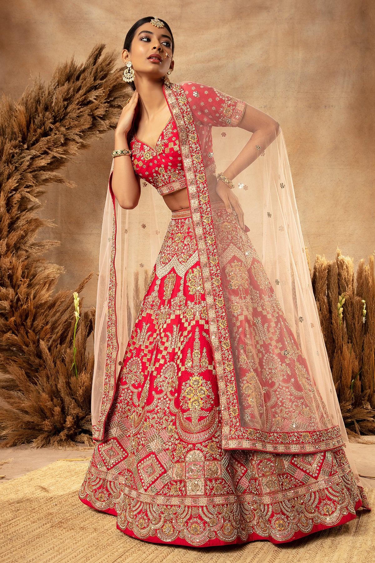 Panihari Cherry-Red-Hand Embroidered Bridal Lehenga Set in Raw Silk