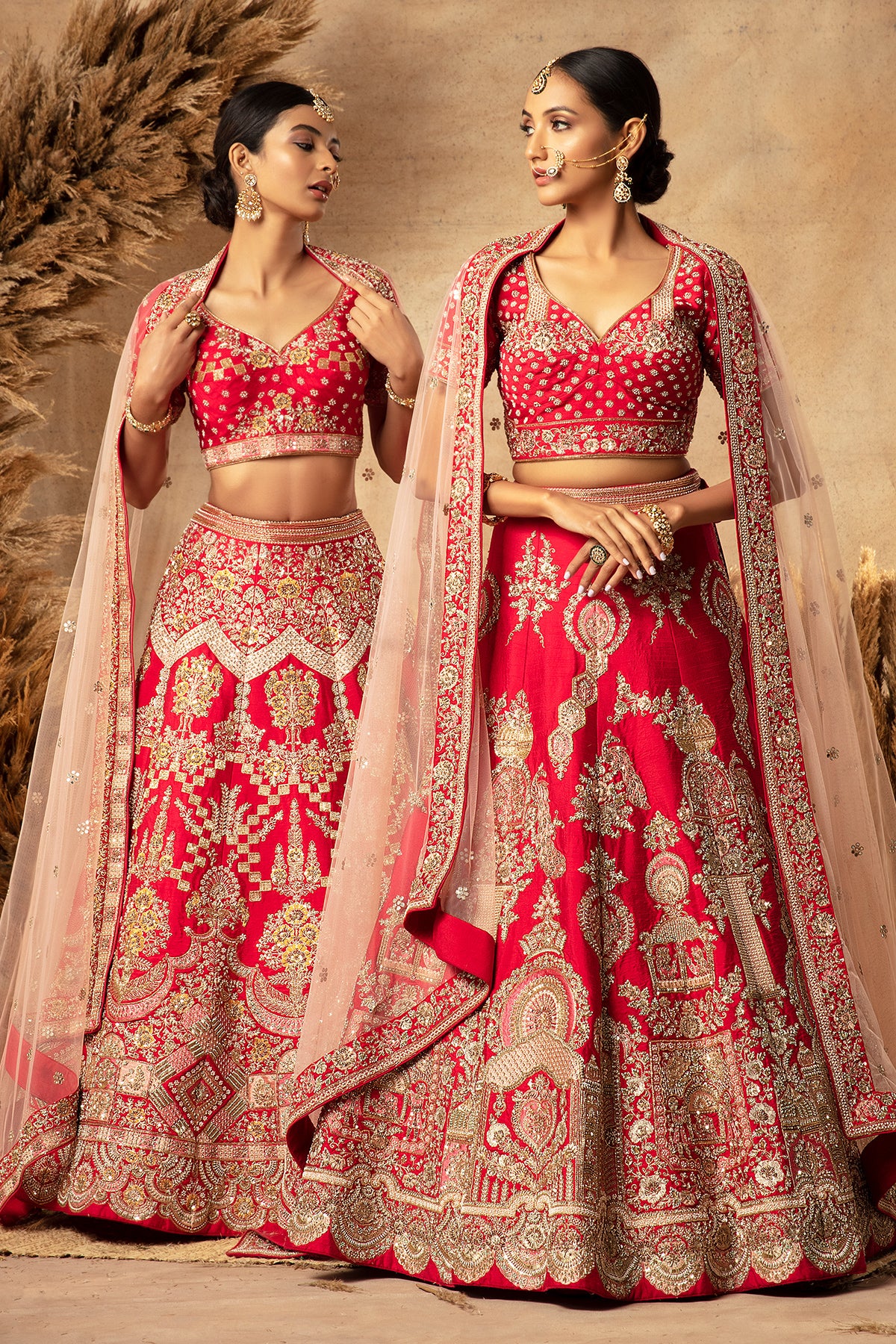 Panihari Cherry Red Hand Embroidered Bridal Lehenga Set in Raw-Silk