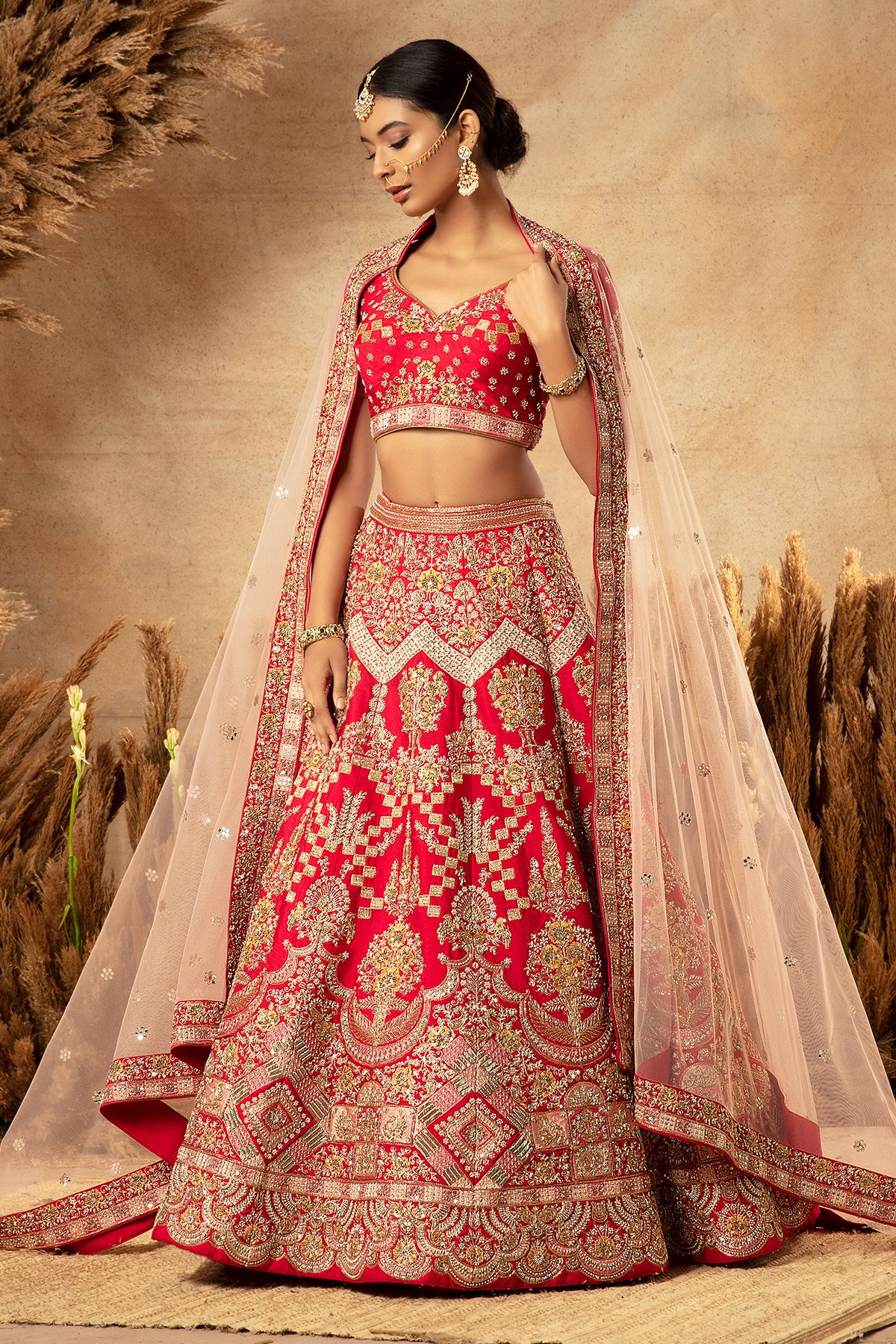 Panihari Cherry Red Hand Embroidered Bridal Lehenga Set in Raw Silk