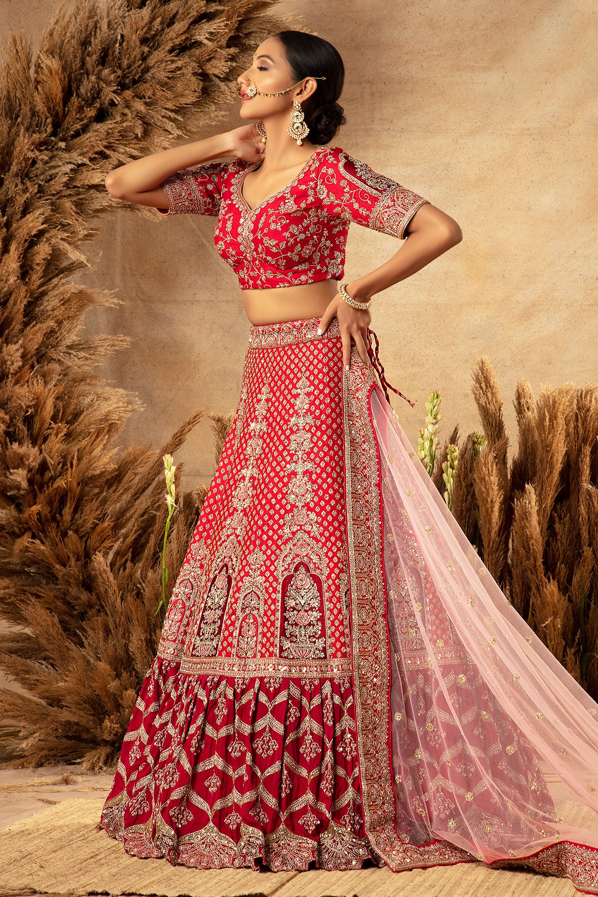 Panihari Cherry Red and Maroon Embroidered Rajwadi Bridal Lehenga Set in Raw Silk