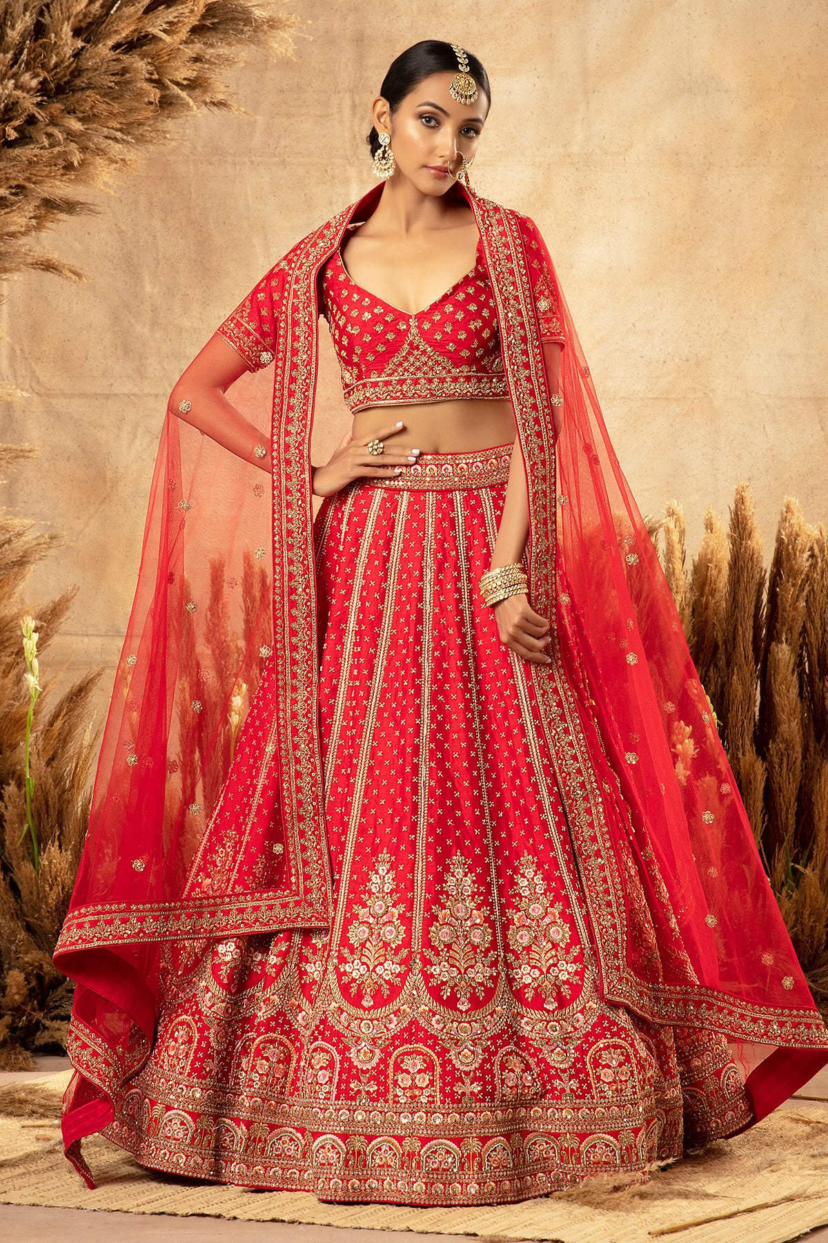 Panihari_Chilly Red Embroidered Bridal Lehenga Set in Raw Silk