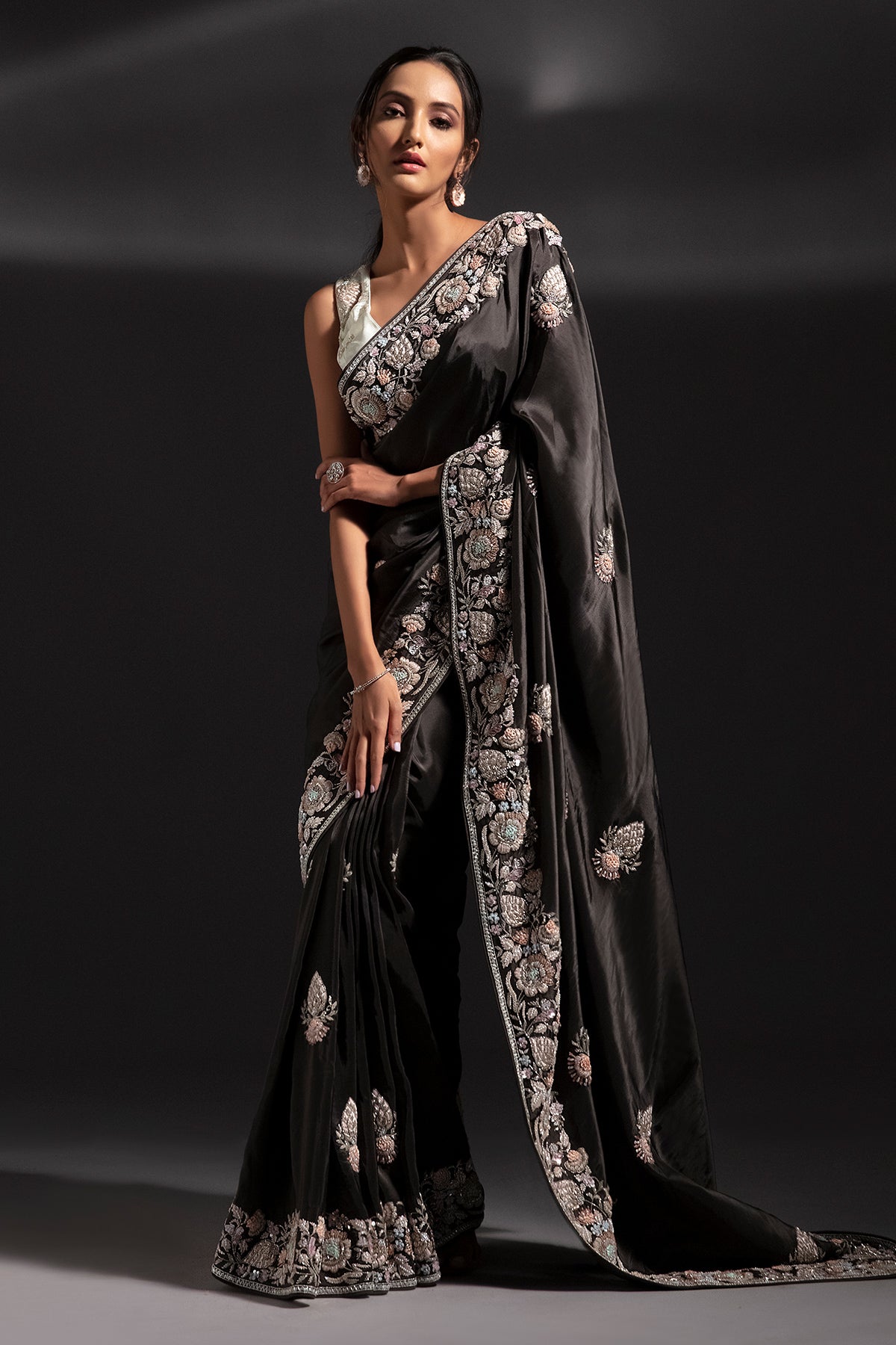 Panihari Dark Mehendi Green Saree With Hand Embroidery and a Contrasting Blouse