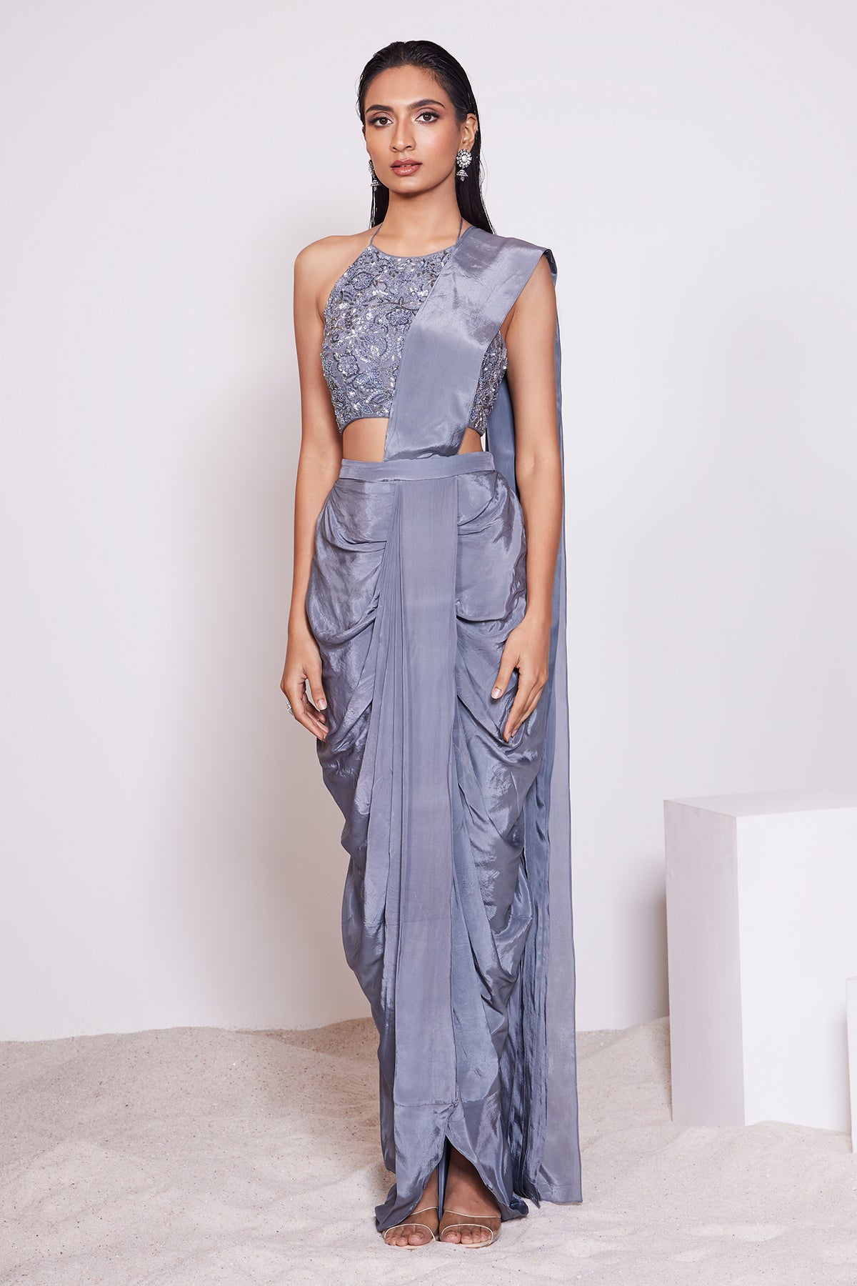 Panihari Dark Steel Grey Embroidered Pre- Draped Saree and Halter Neck Top in Crepe