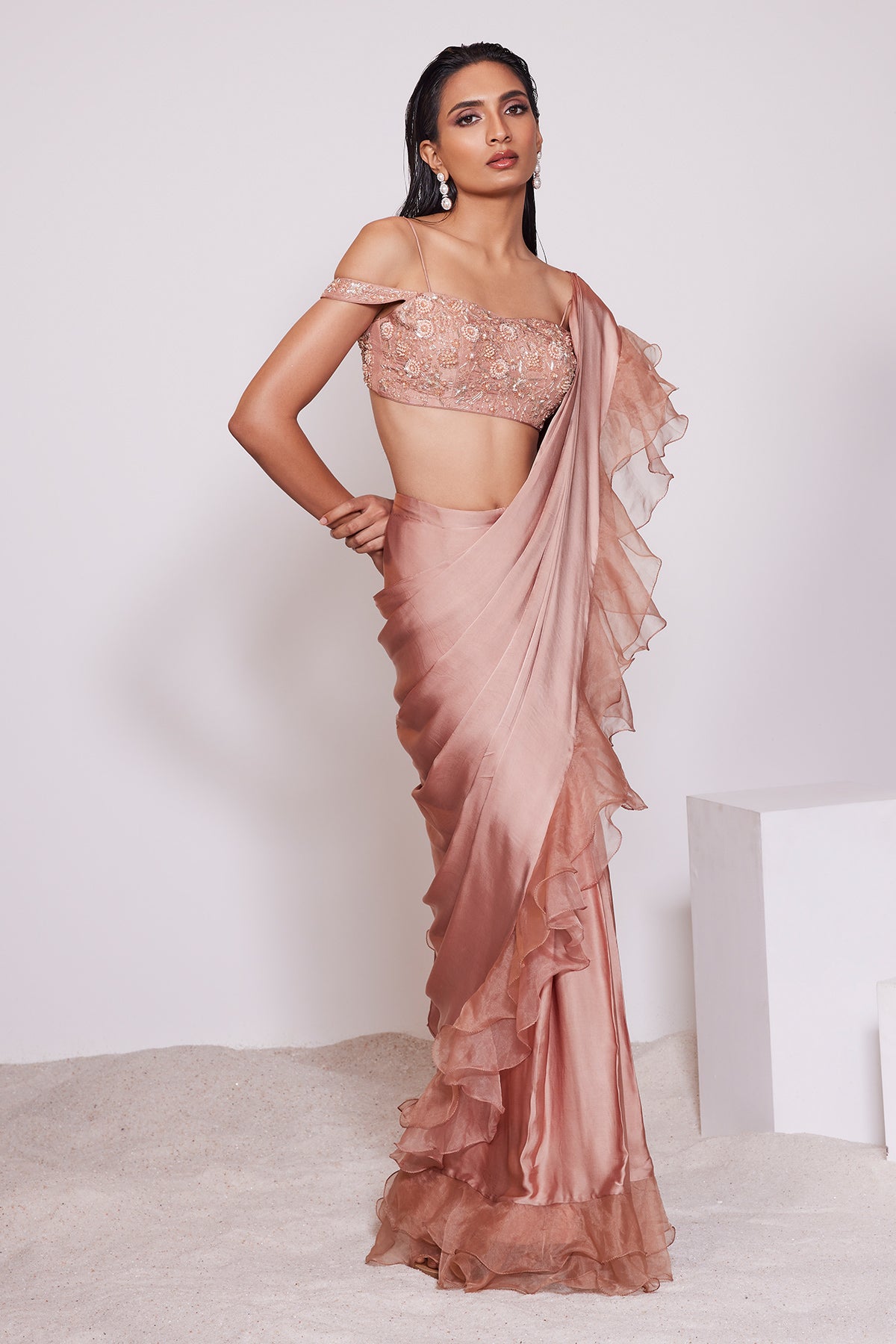 Panihari Light Copper Pre-draped Ruffle Saree With Hand Embroidered Off Shoulder Blouse