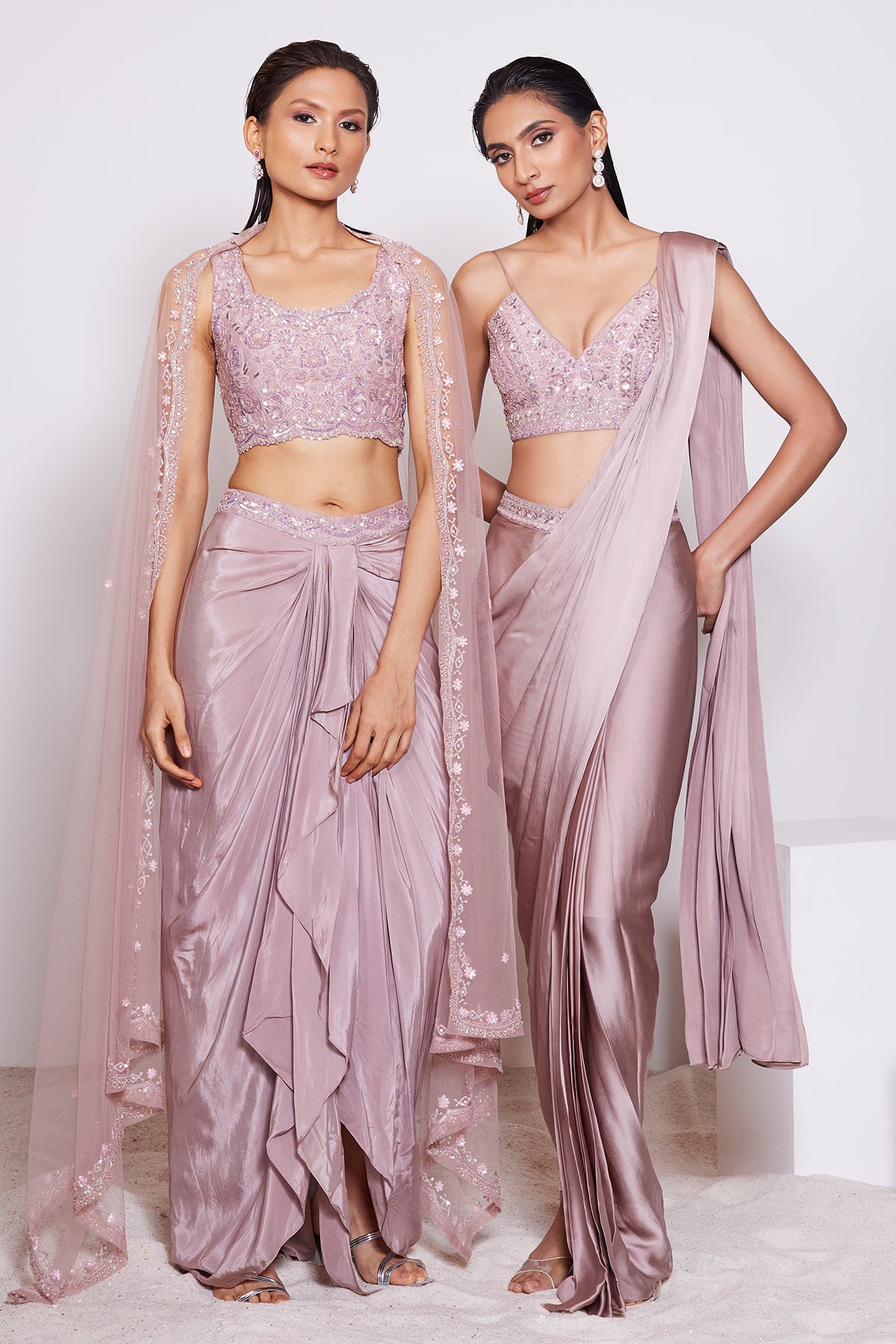 Panihari Light Dusty-Mauve Pre-draped Saree in Crepe Satin and Hand Embroidered V-neck Top