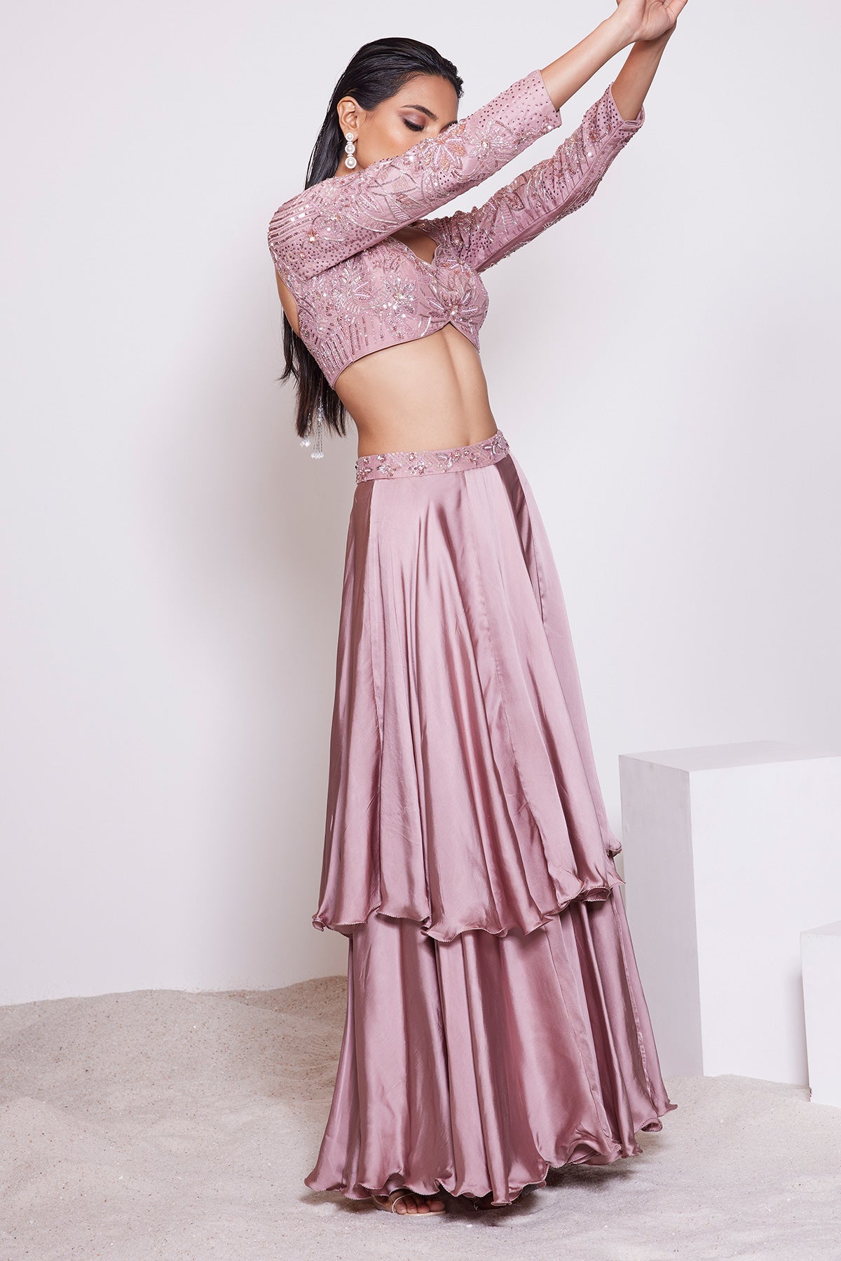 Panihari Light Pink Mauve Two Tiered Skirt in Satin Crepe With Embroidered Blouse