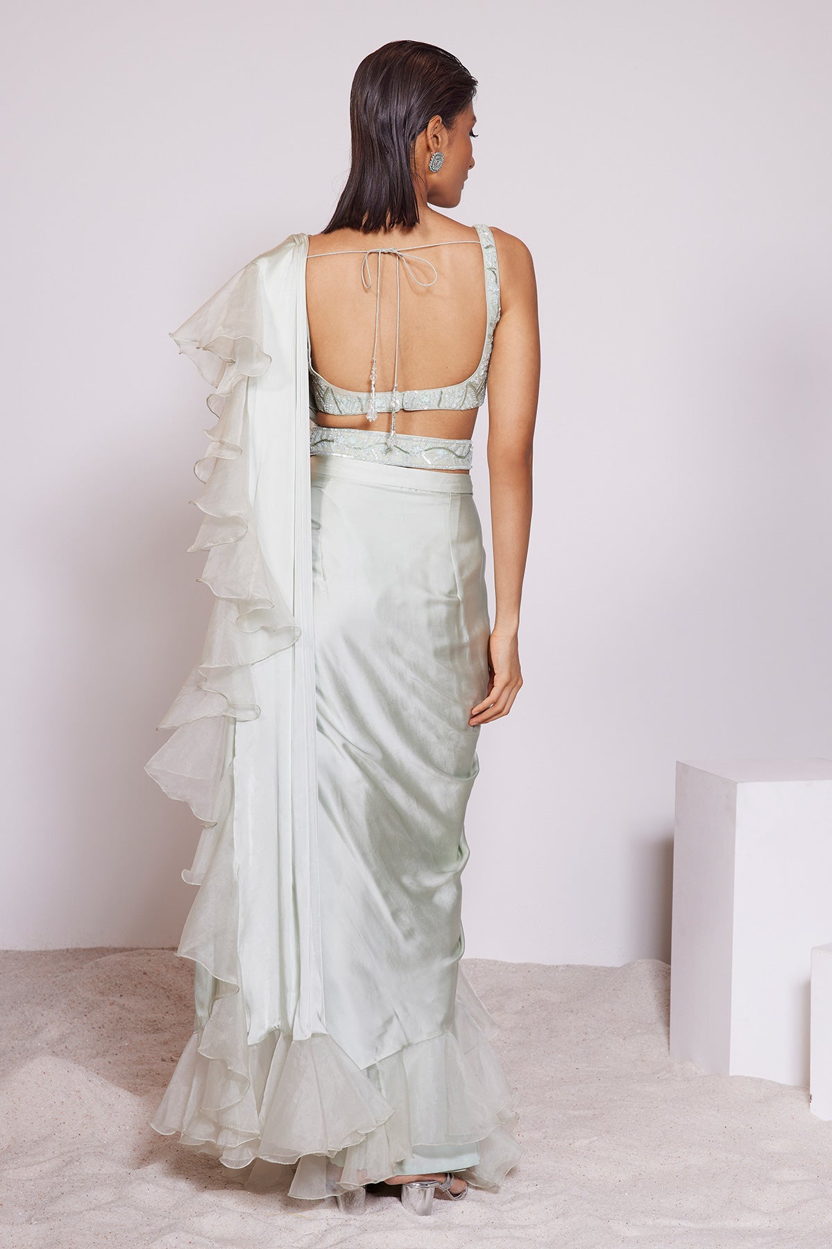 Panihari Light Pista-Pre-Draped Ruffle Saree With Embroidered Blouse and Belt