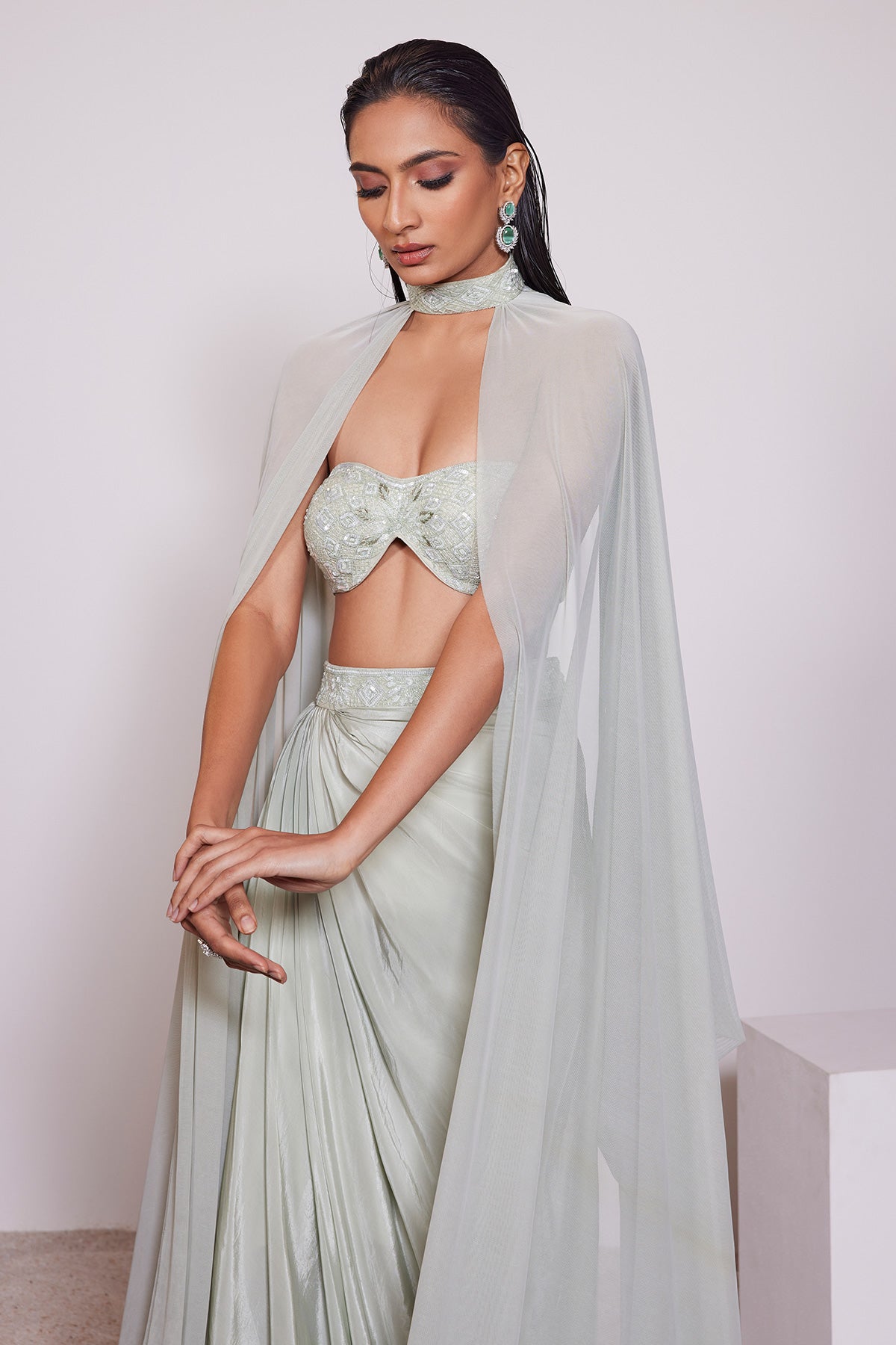Panihari Light Pista Draped Skirt With Embroidered Tube Top and a Choker-Dupatta