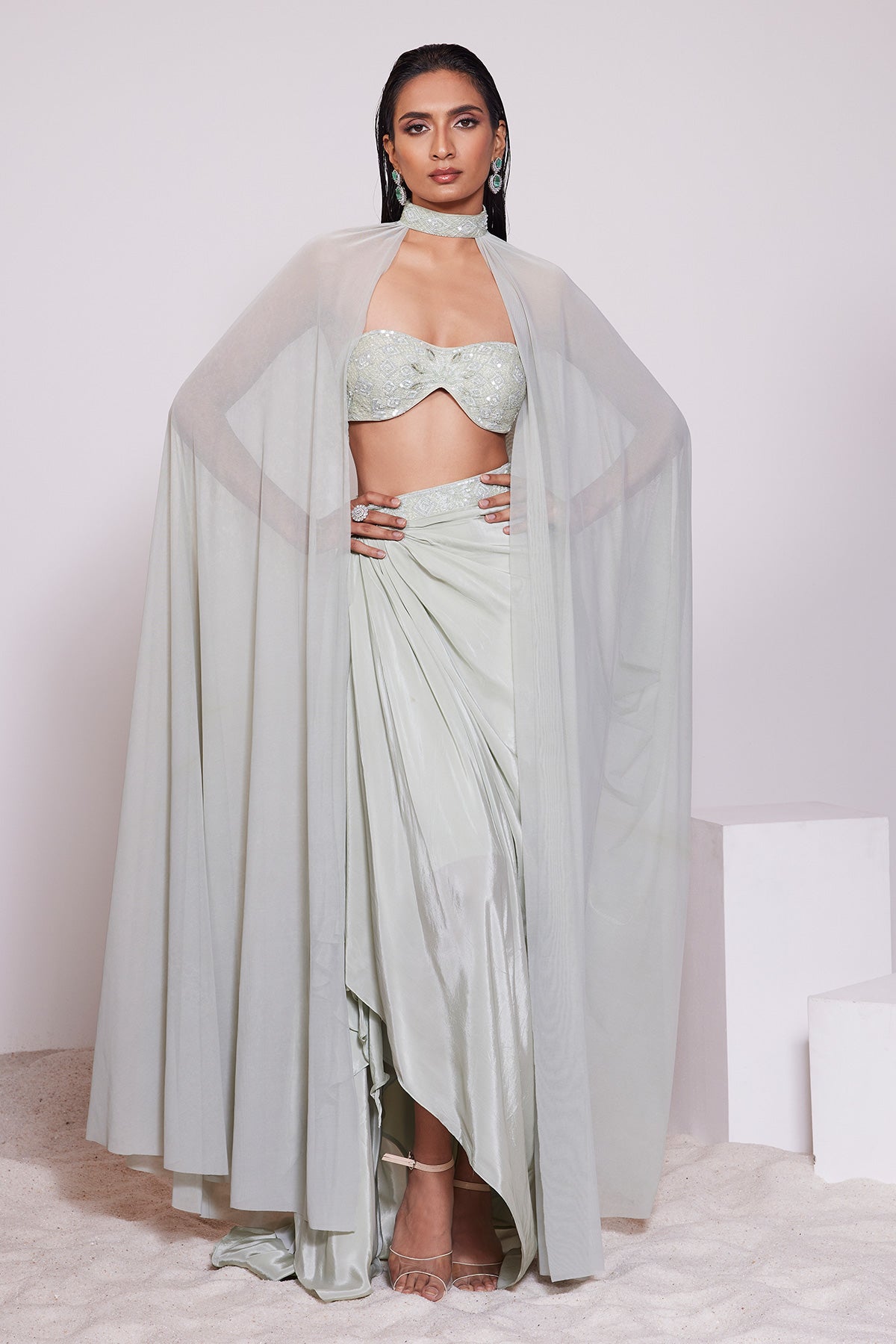 Panihari Light Pista Draped Skirt With Embroidered Tube Top and a Choker Dupatta