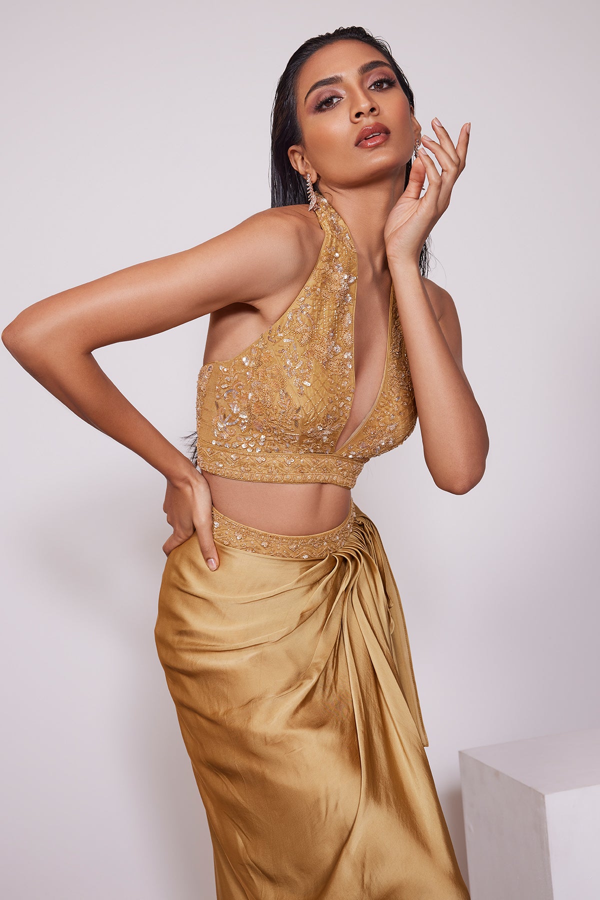 Mustard Yellow Draped Skirt With Hand Embroidered Plunging Raised V-neck Blouse