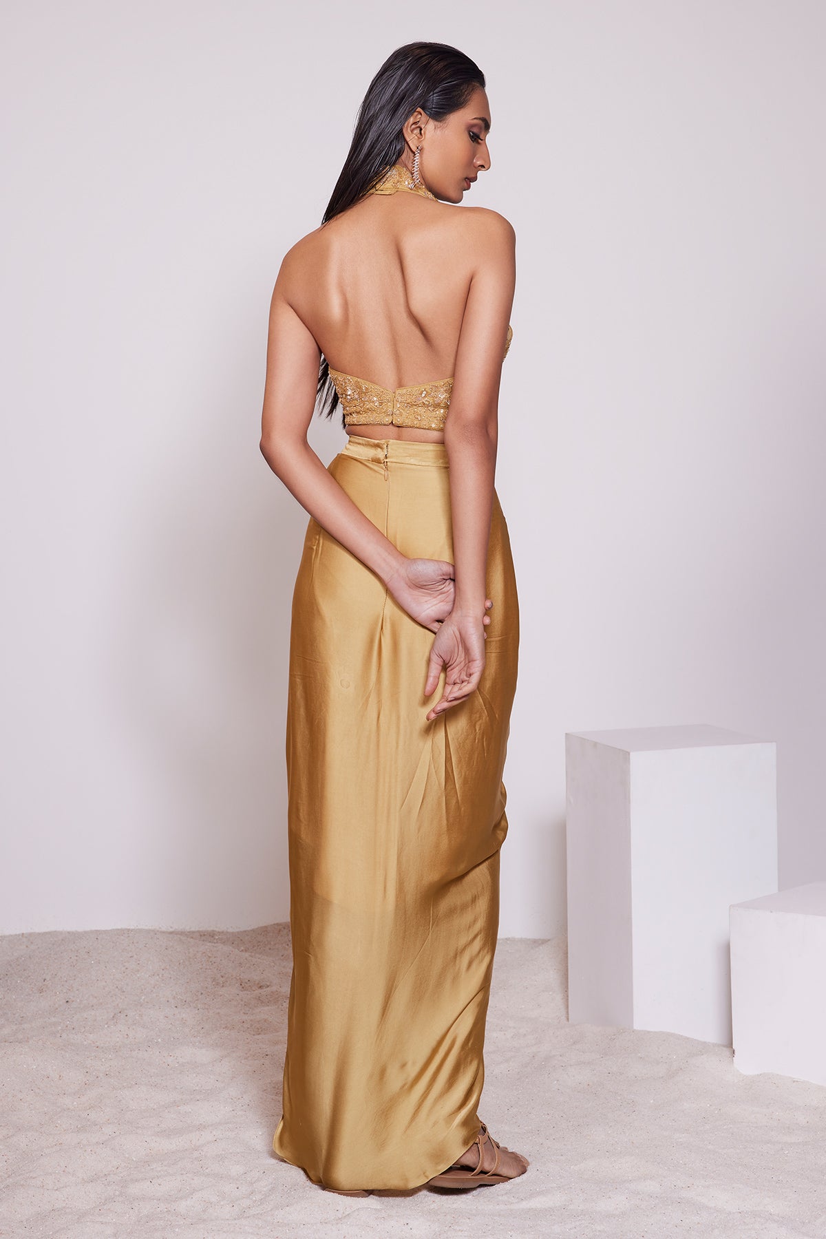 Panihari Mustard Yellow Draped Skirt With Hand Embroidered Plunging Raised V-neck Blouse