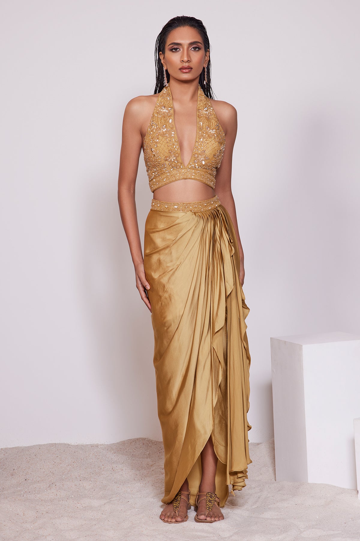 Panihari Mustard Yellow Draped Skirt With Hand Embroidered Plunging Raised V-neck Blouse
