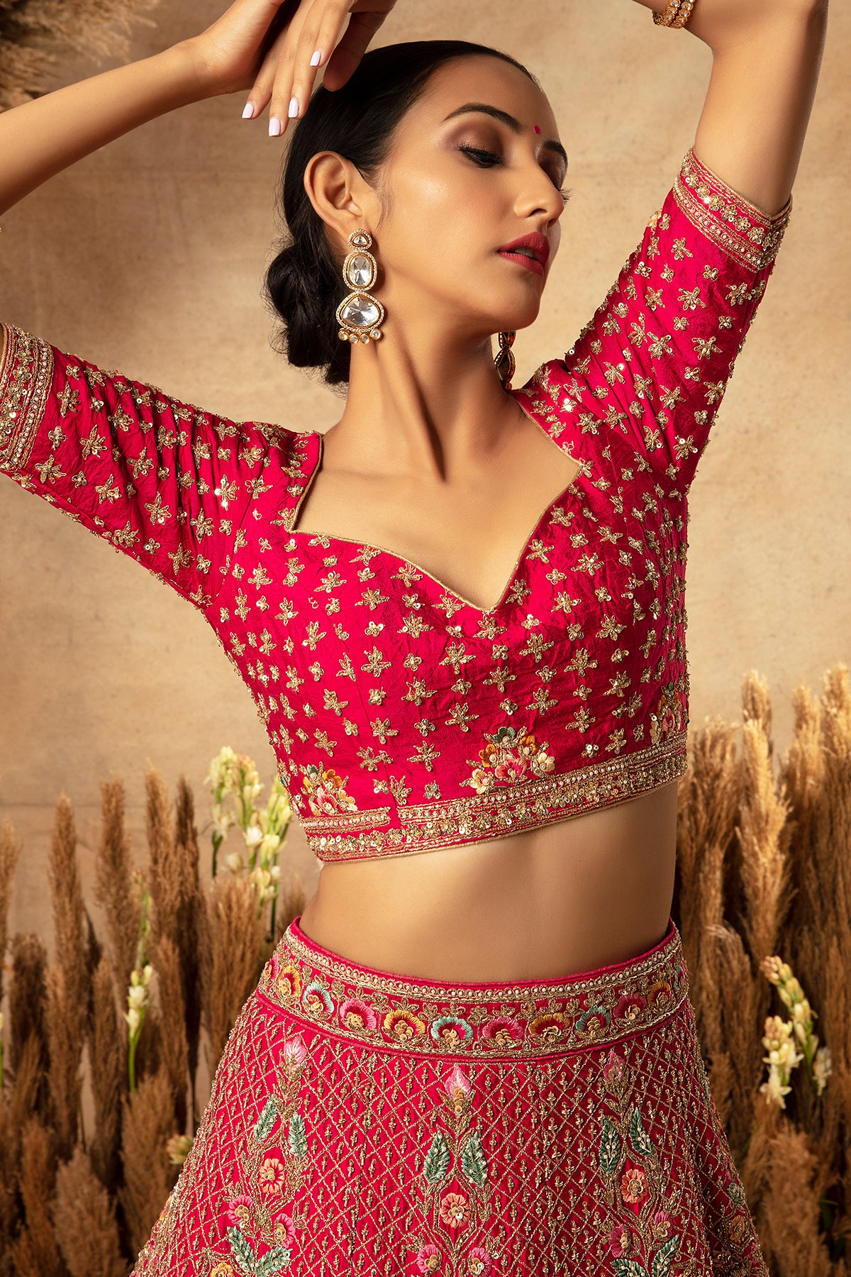 Panihari Pink Bridal--Lehenga in Raw Silk With Hand Embroidery and Heavy Morror Work Border
