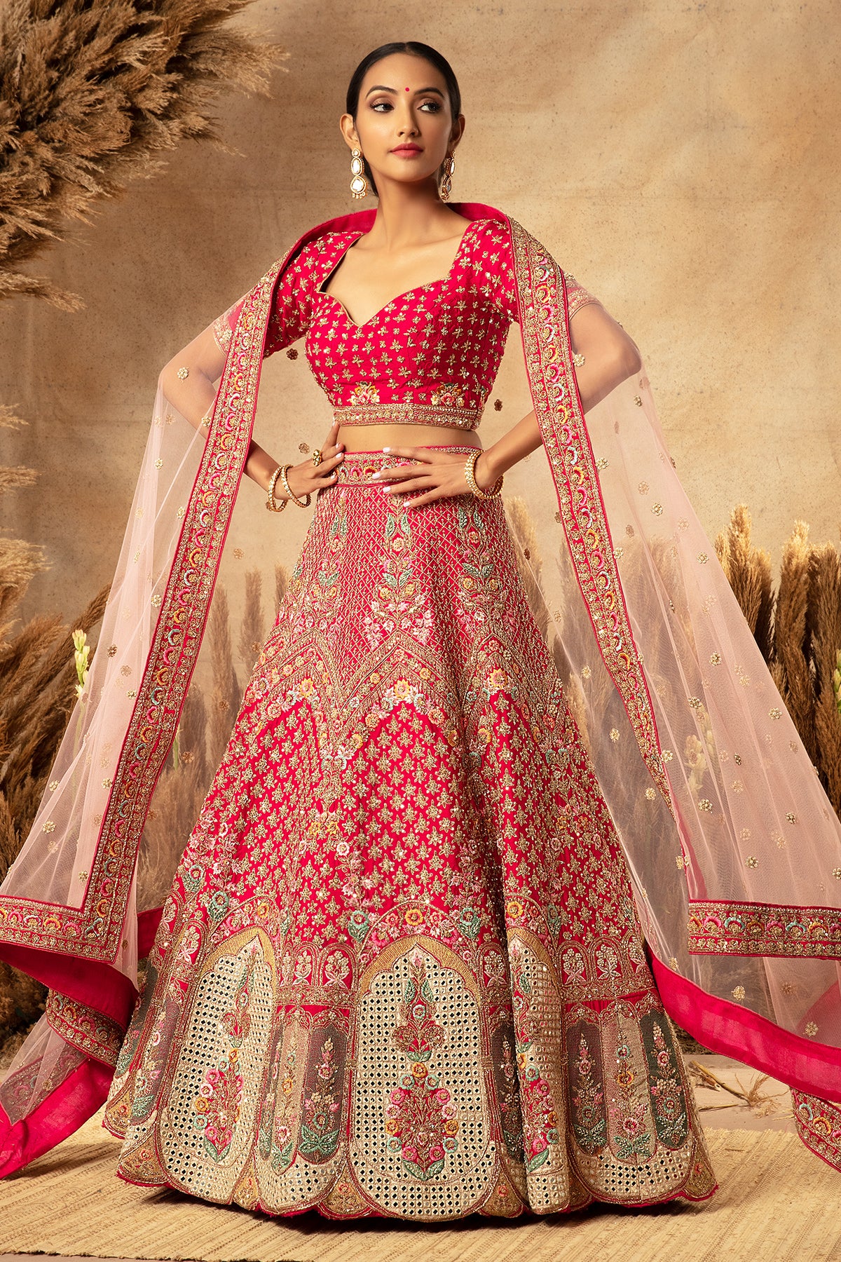 Panihari Pink Bridal-Lehenga in Raw Silk With Hand Embroidery and Heavy Morror Work Border