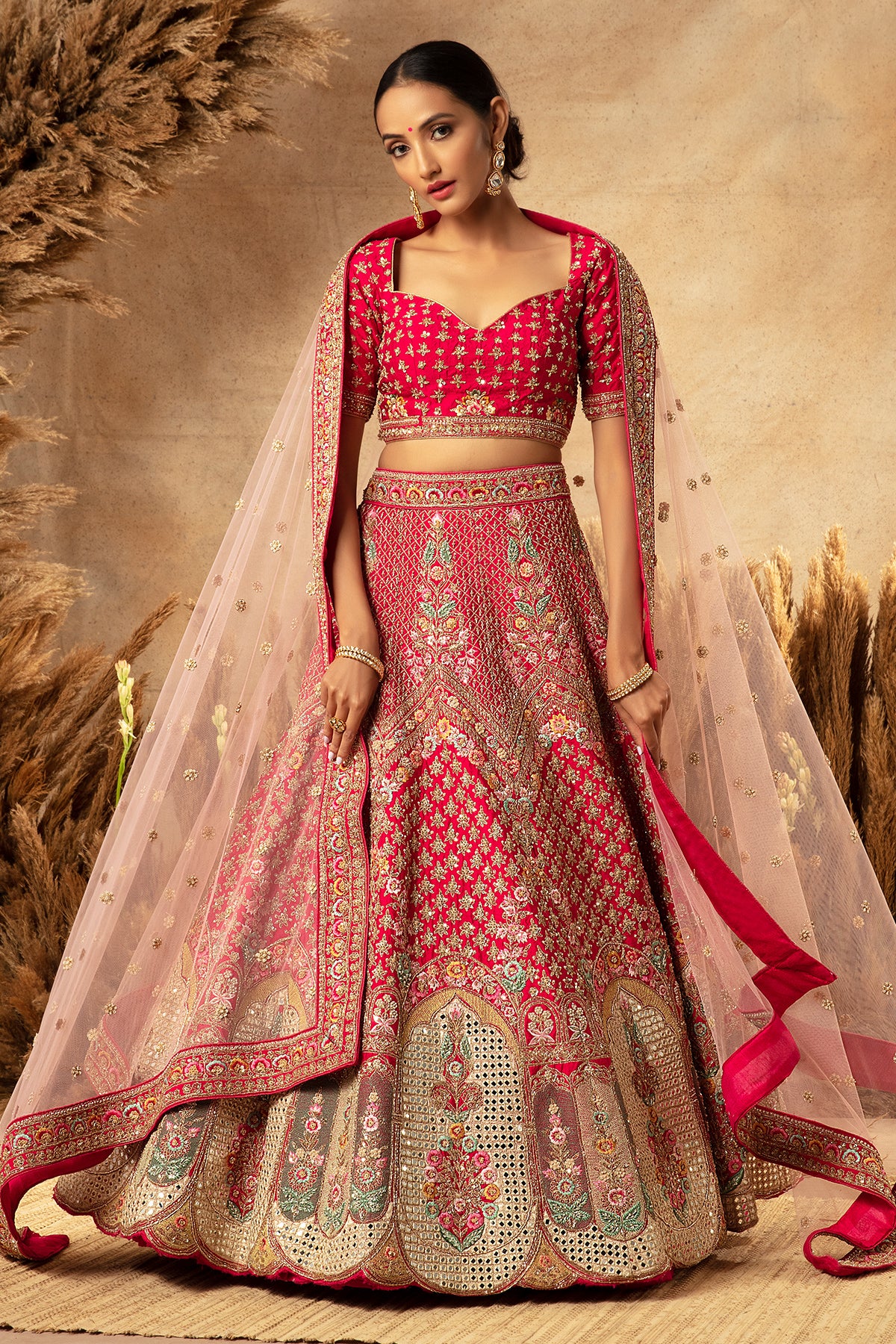 Panihari Pink Bridal Lehenga in Raw Silk With Hand Embroidery and Heavy Morror Work Border