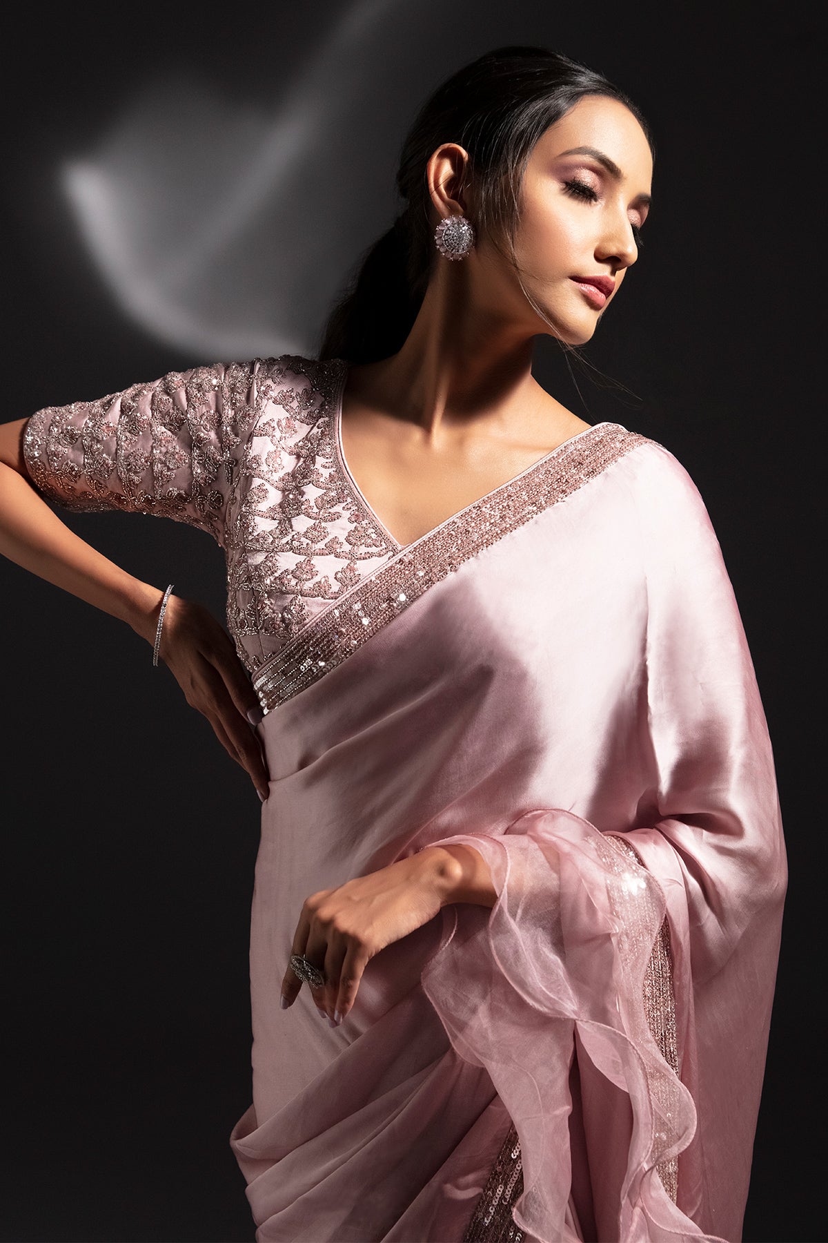 Panihari_Primrose Pink Saree With Hand Work and Ruffle Organza-Border