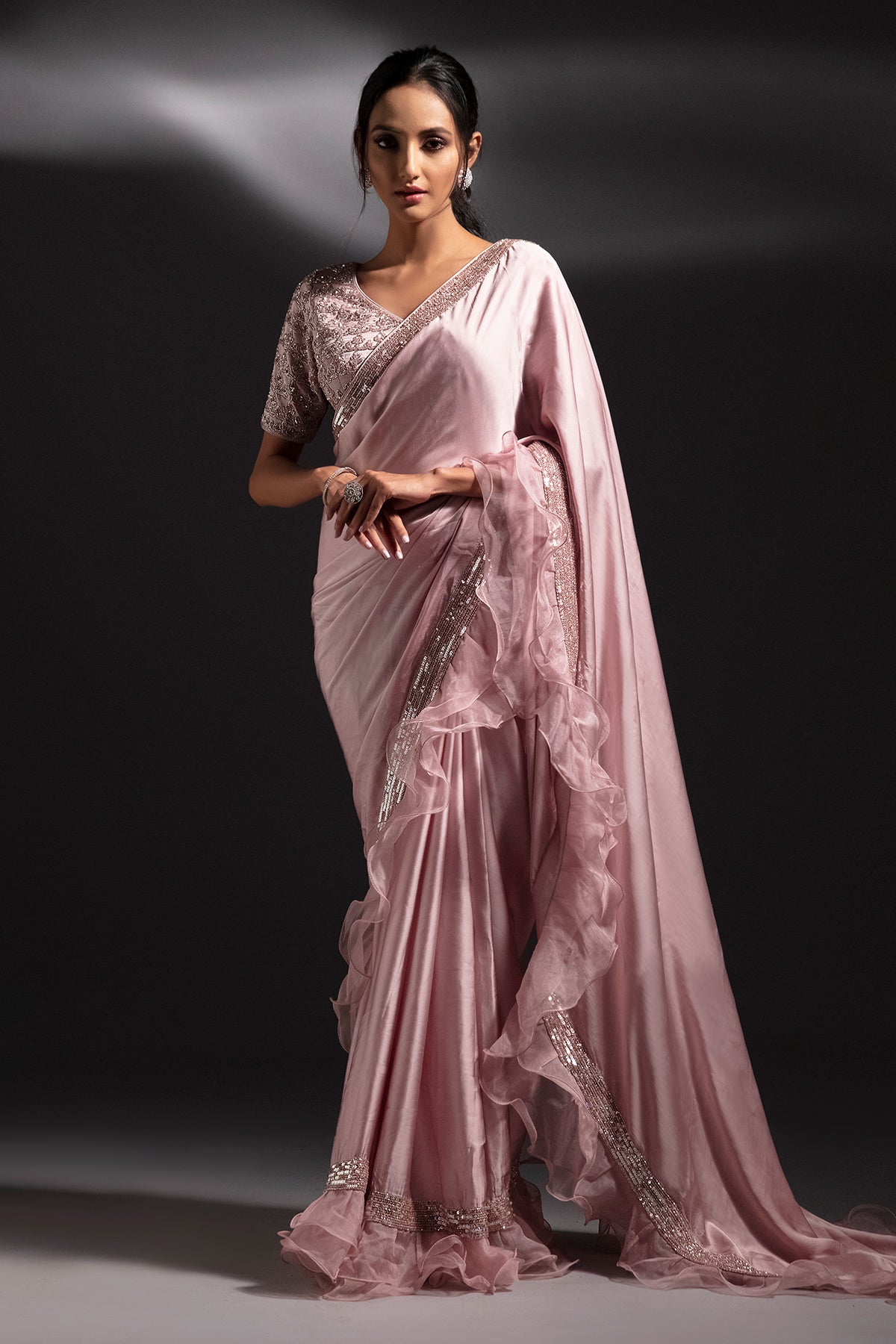 Panihari Primrose Pink Saree With Hand Work and Ruffle Organza Border