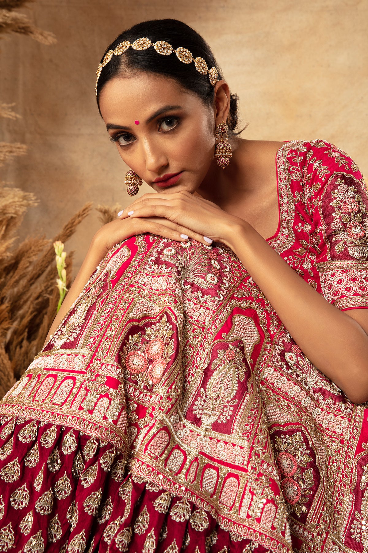 Panihari_Rani-Pink and Maroon Embroidered Rajwadi Bridal Lehenga Set in Raw Silk