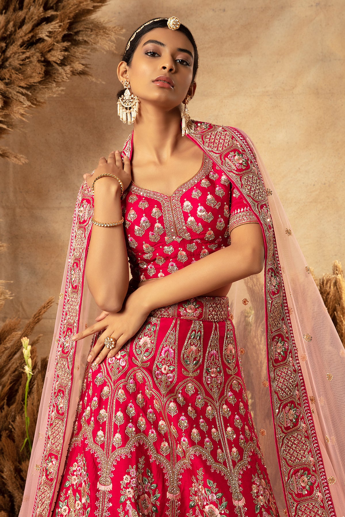 Panihari Rani Pink Embroidered Rajwadi Bridal-Lehenga Set in Raw Silk