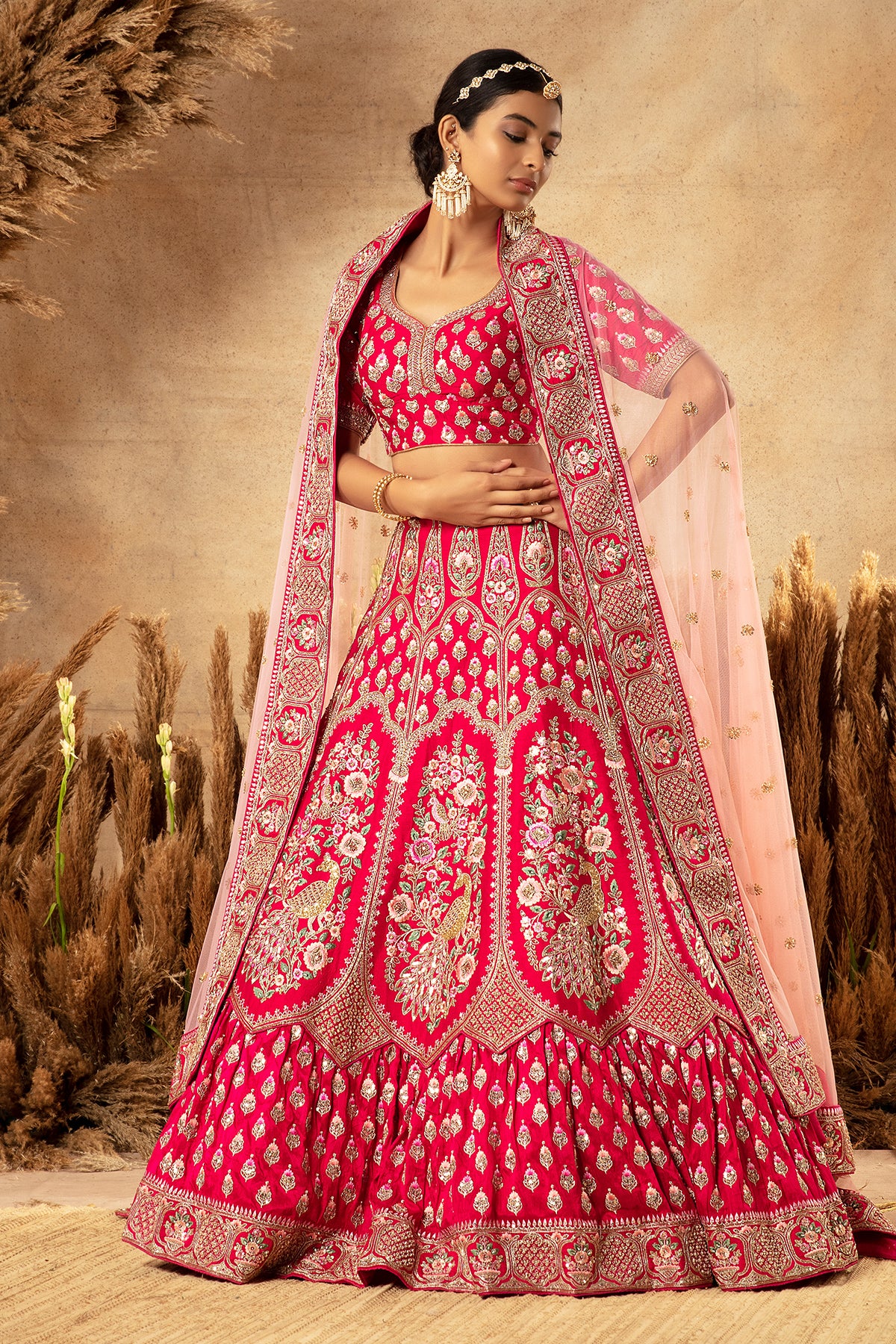 Panihari_Rani Pink Embroidered Rajwadi Bridal Lehenga Set in Raw Silk