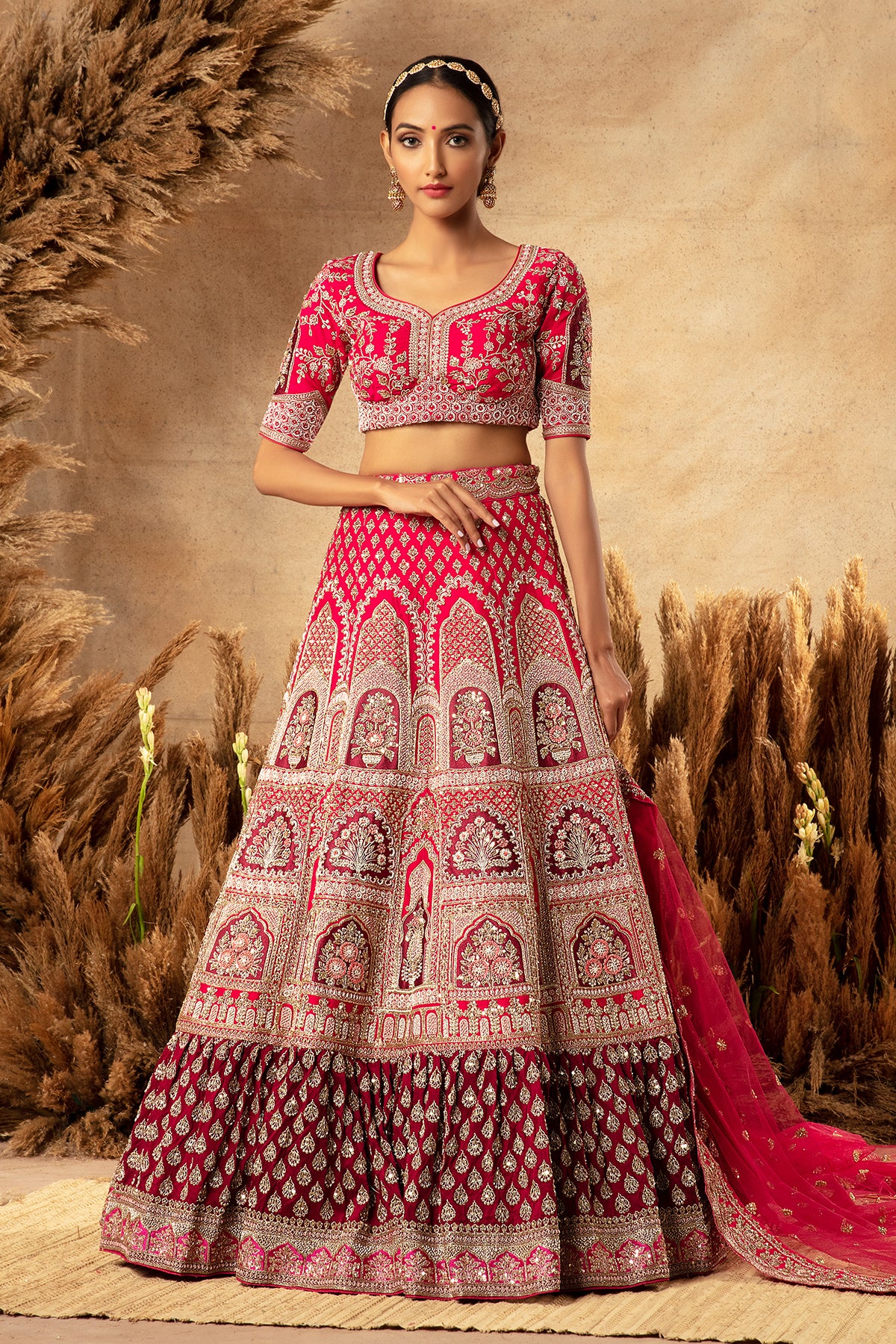Panihari_Rani Pink and Maroon Embroidered Rajwadi Bridal Lehenga Set in Raw Silk